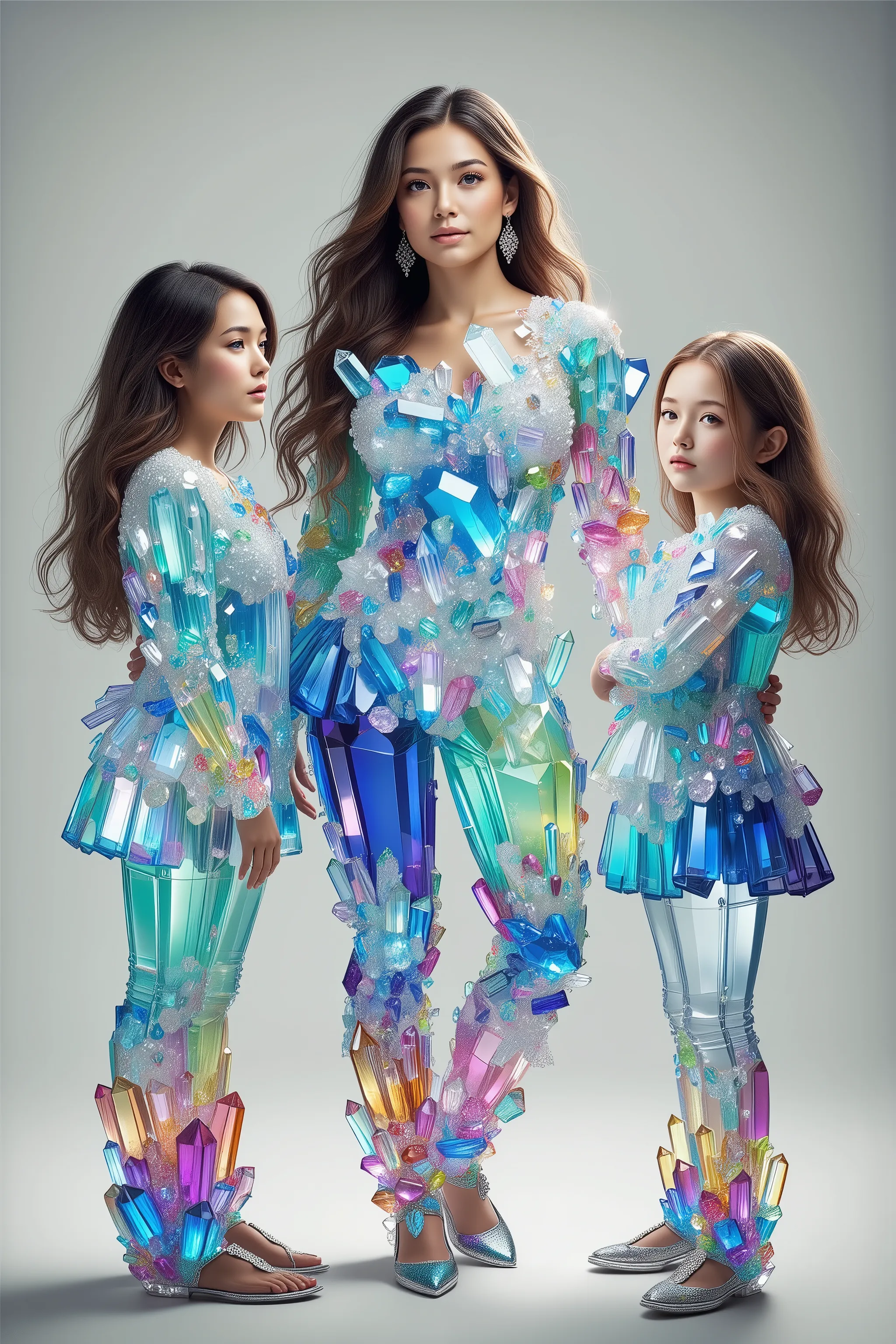 an attractive mother and two daughters have hundreds of multicolored translucent and clear quartz crystals protruding directly from their bodies,  highly detailed,photorealistic,8K,HDR,physically-based rendering,professional portrait,dramatic lighting,ethe...