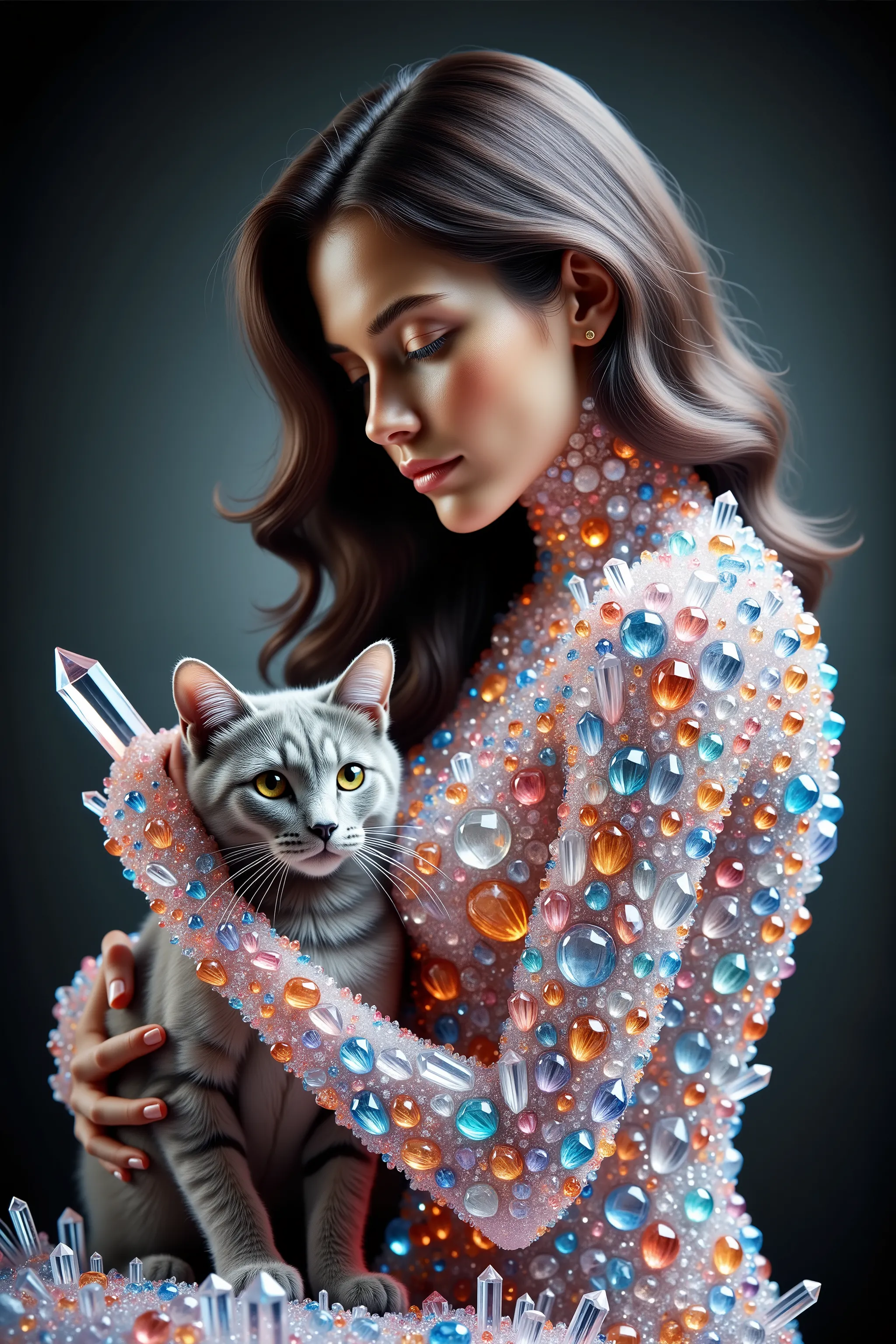 an attractive young woman has her cat on her lap.  The woman and her cat have hundreds of multicolored translucent and clear quartz crystals protruding directly from their bodies,  highly detailed,photorealistic,8K,HDR,physically-based rendering,profession...