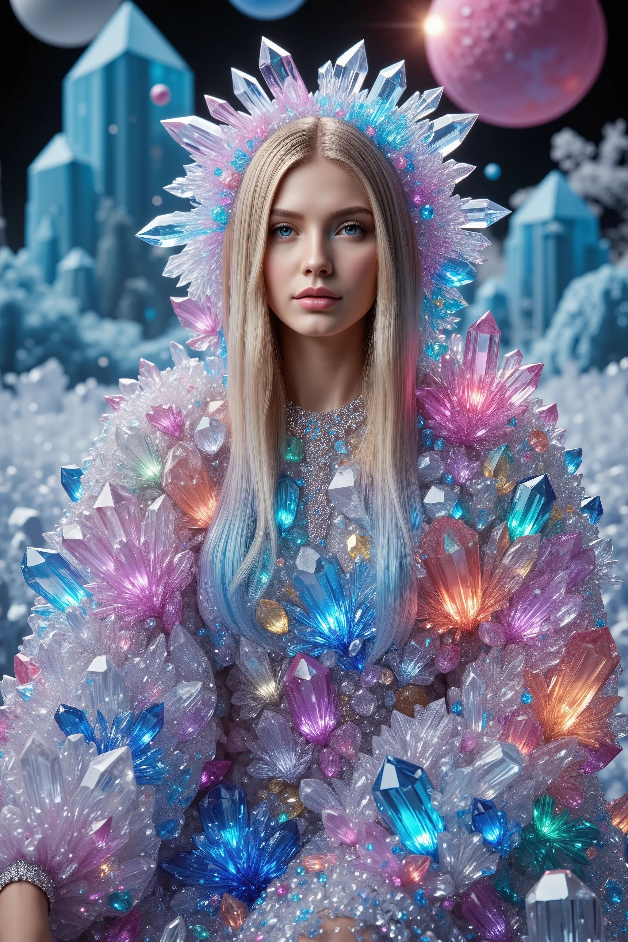 A strange planet where every single inch of land is completely covered with translucent multicolored and clear quartz crystals. They cover mountains hills, flatland Hundreds of millions of them coverage landscape like a magic blanket, highly detailed,photo...