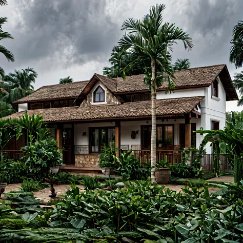 photography, tropical villa, white stucco walls, gable tiled roof, wood column supports, upper level balcony, lush greenery, potted plants, open veranda, overcast sky, wide shot, natural daylight   