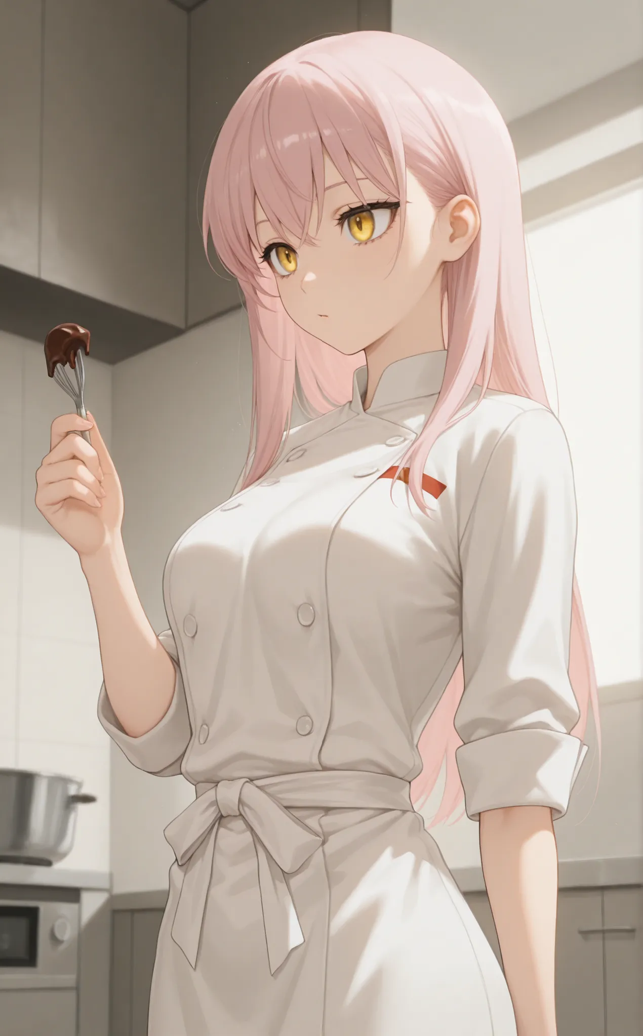 masterpiece, newest, Best Resolution, HD Quality, good lighting, safe. beautiful, adult, anime, good anatomy, .  Pale pink hair , Hair below the shoulders. Golden-yellow eyes, dark eyelashes, piel clara, slim build, Medium Breasts Size D. She is 24 years o...