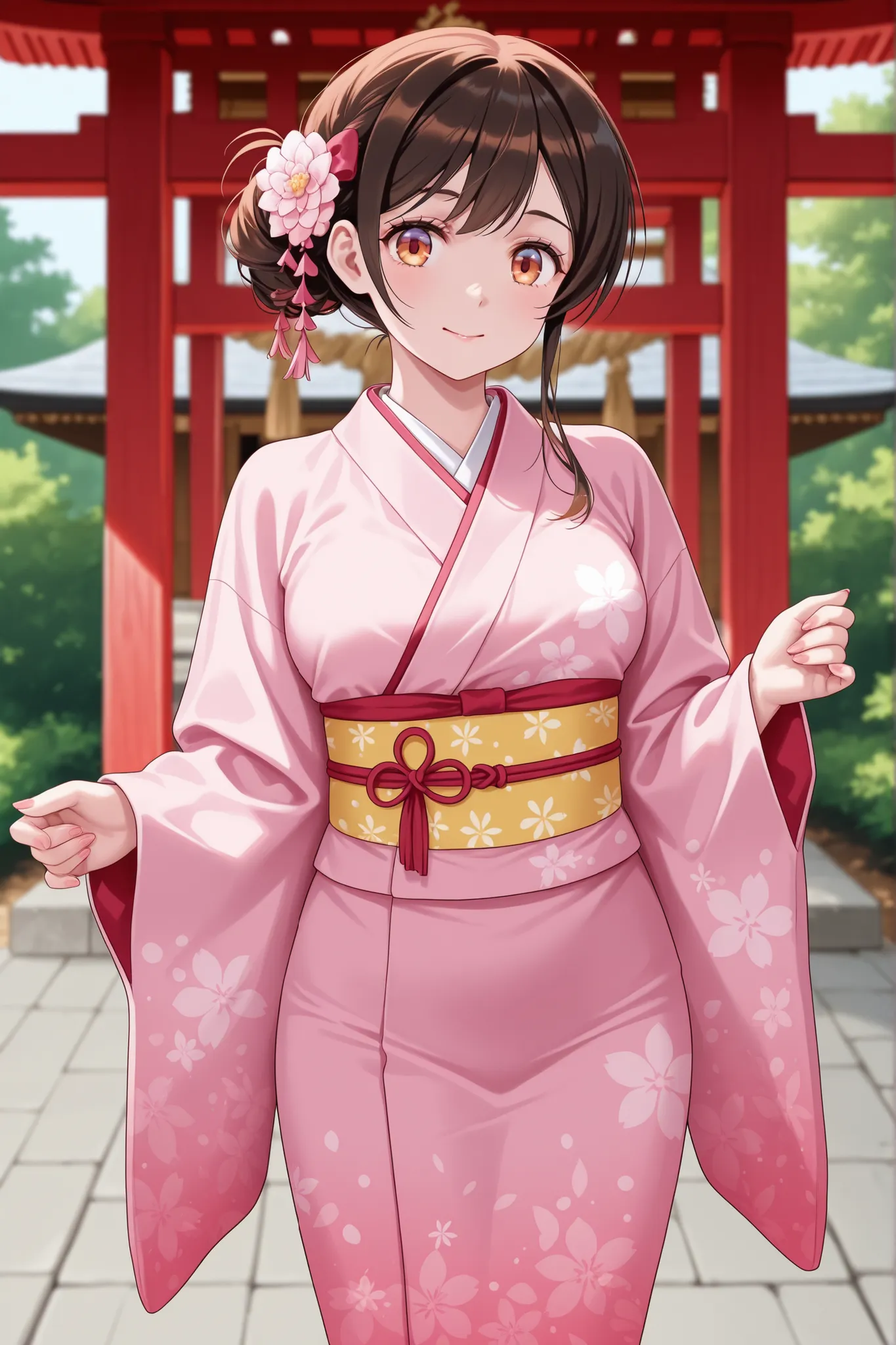 Japanese woman wearing a pink kimono、Mizuhara Chizuru、 In front of the shrine、swimsuit