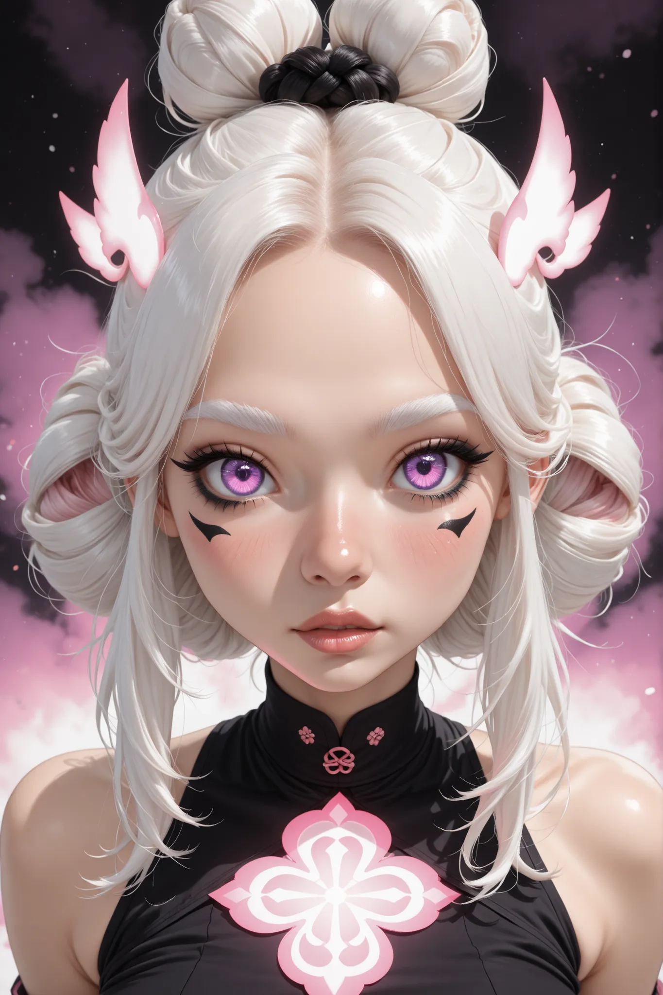 (1girl), (perfect face), ((white hair bun knot top)), (forehead), ((white natural eyebrows)), (((big glowing purple eyes))), (((black eyeliners))), (pink blush), ((nose, bright black thick lips)), (beautiful girl), (((looking at viewer))), (crop top)