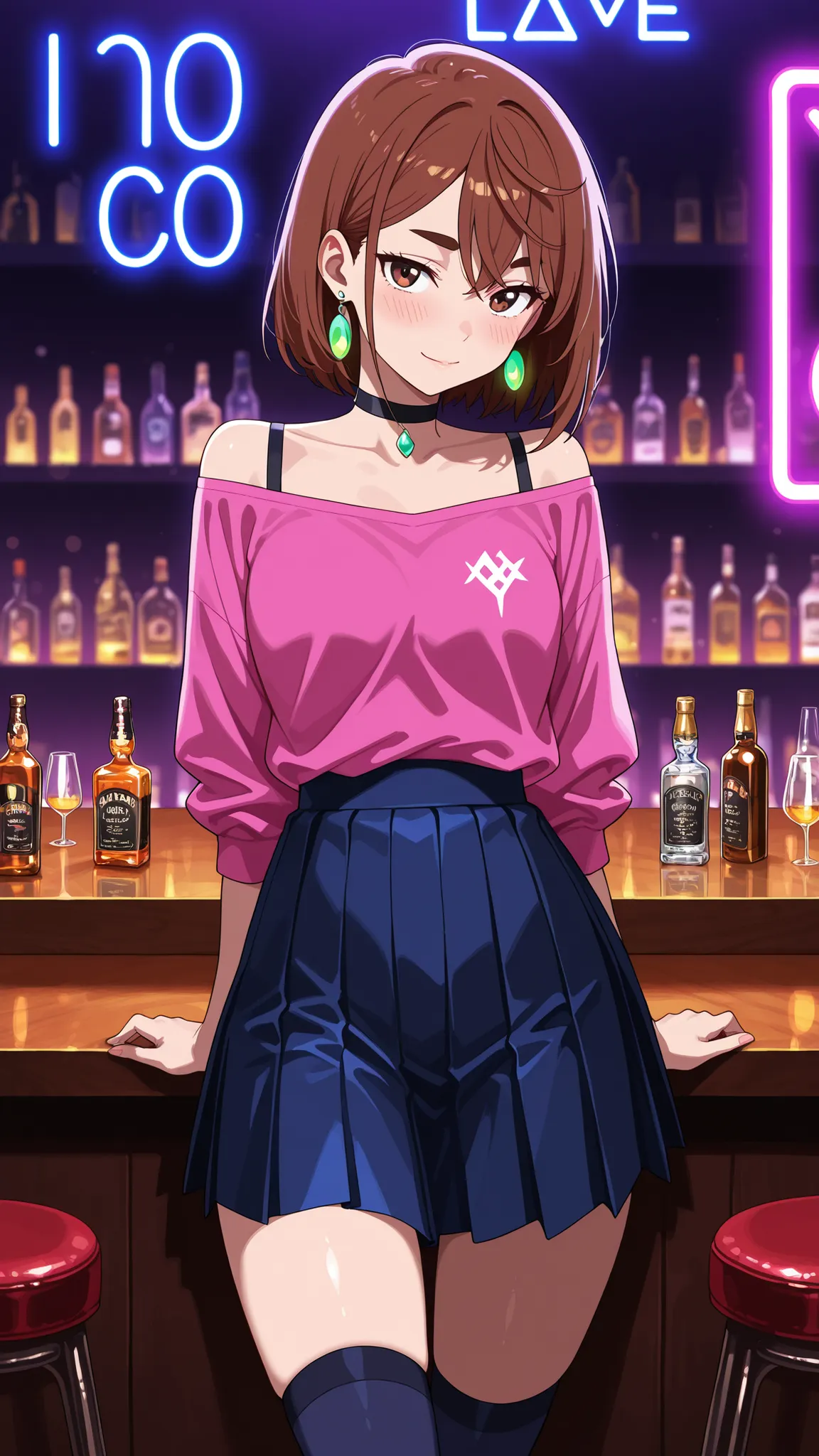 BREAK (masterpiece:1.2), best quality, high resolution, unity 8k wallpaper, (illustration:0.8),Luxurious modern bar interior at night, high-end design, glossy marble floors with reflections, neon lighting in purple and blue tones, glass and chrome surfaces...