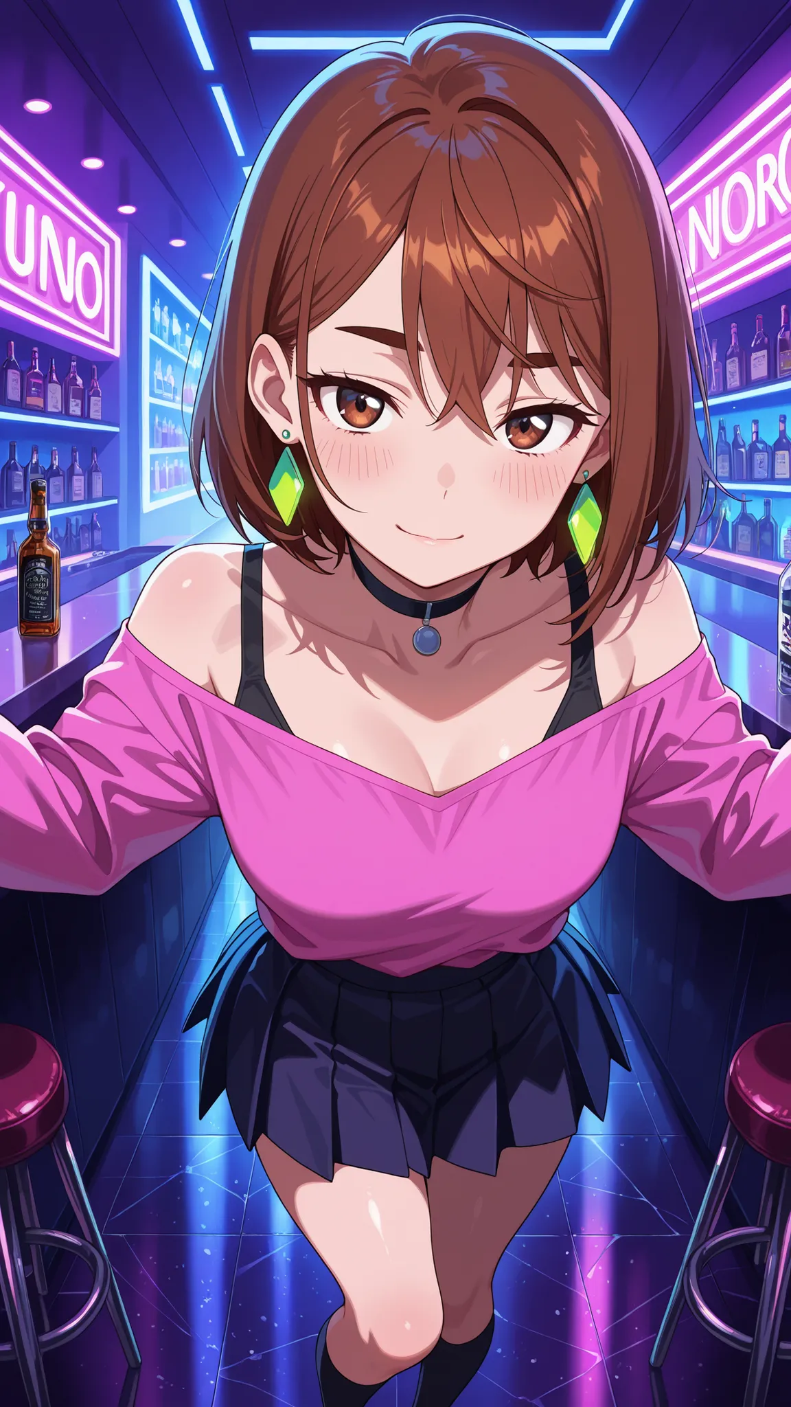 BREAK (masterpiece:1.2), best quality, high resolution, unity 8k wallpaper, (illustration:0.8),Luxurious modern bar interior at night, high-end design, glossy marble floors with reflections, neon lighting in purple and blue tones, glass and chrome surfaces...