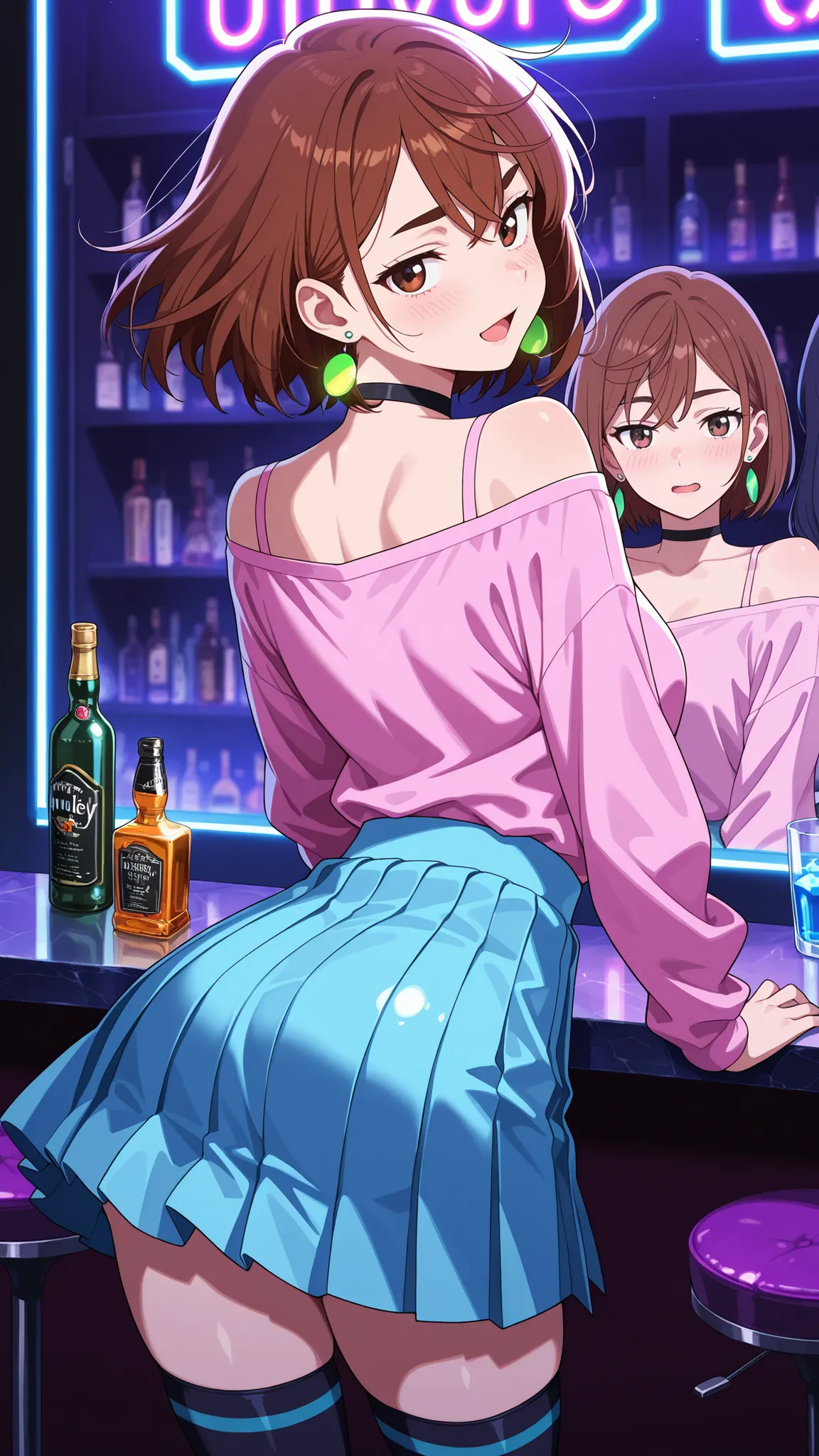 BREAK (masterpiece:1.2), best quality, high resolution, unity 8k wallpaper, (illustration:0.8),Luxurious modern bar interior at night, high-end design, glossy marble floors with reflections, neon lighting in purple and blue tones, glass and chrome surfaces...