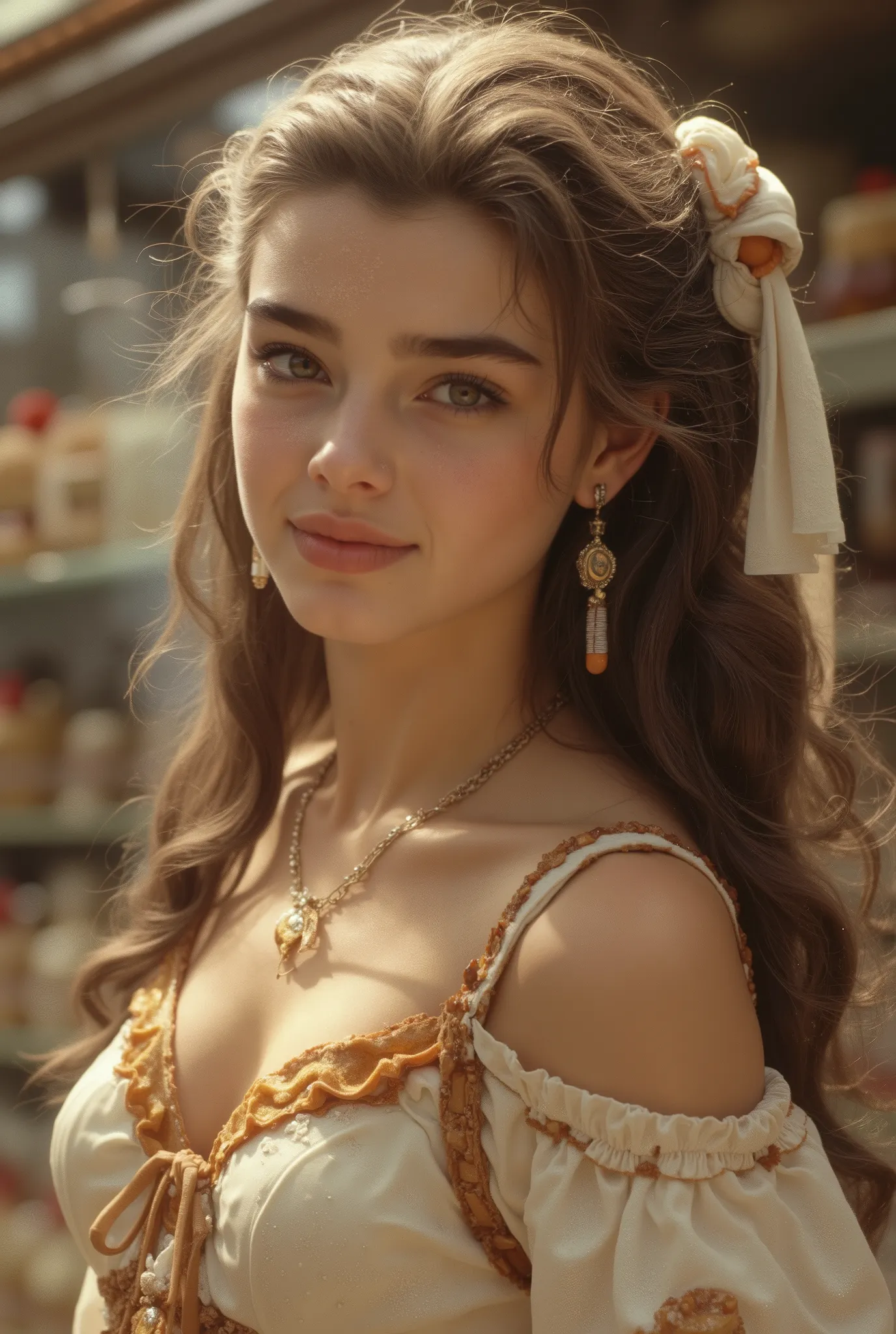 A hyper-realistic, full-body portrait of a young woman whose body is made of elegant desserts and confectionery, her skin resembling silky white chocolate, strands of her hair formed from delicate spun sugar and caramel ribbons, her dress sculpted from lay...