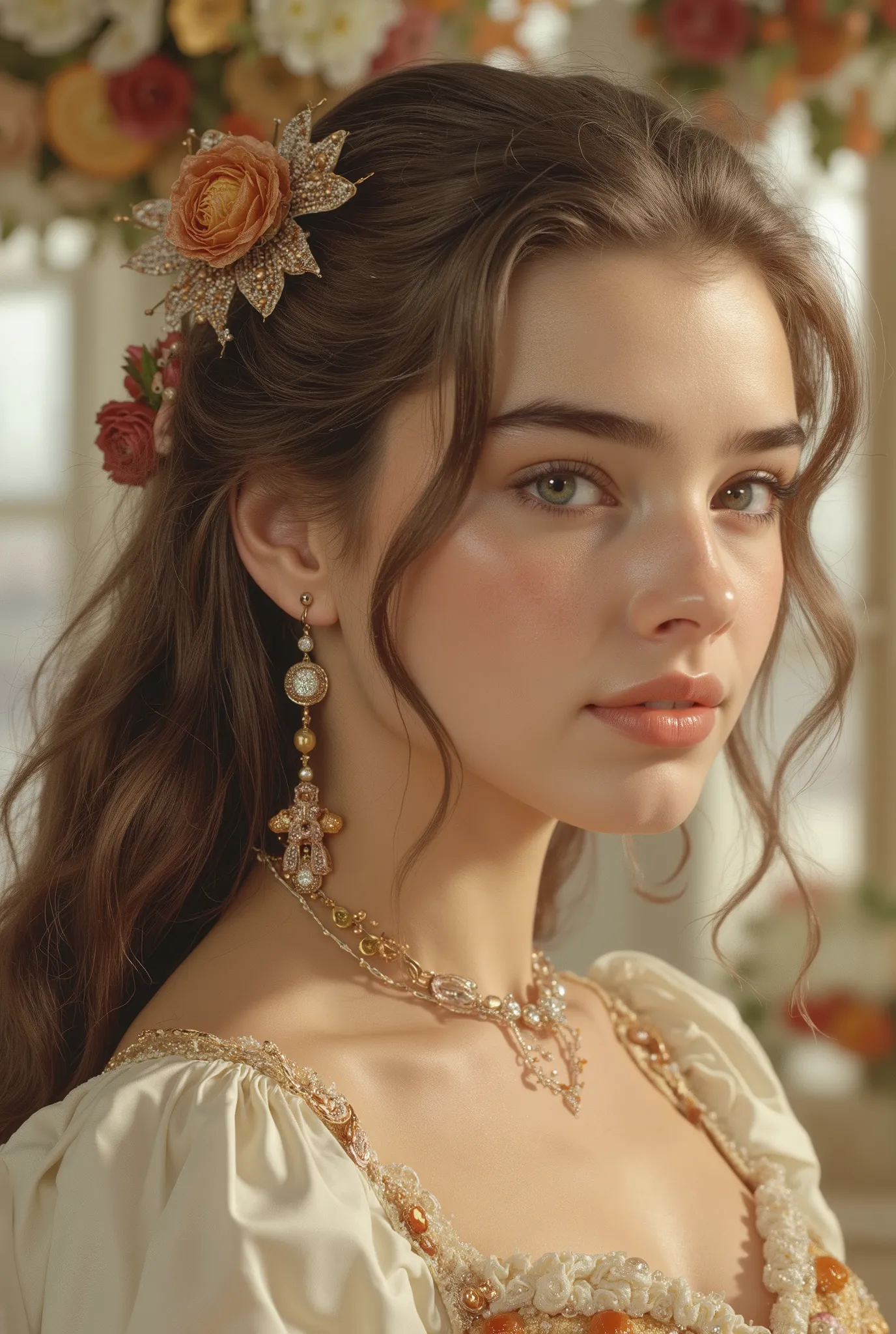 A hyper-realistic, full-body portrait of a young woman whose body is made of elegant desserts and confectionery, her skin resembling silky white chocolate, strands of her hair formed from delicate spun sugar and caramel ribbons, her dress sculpted from lay...
