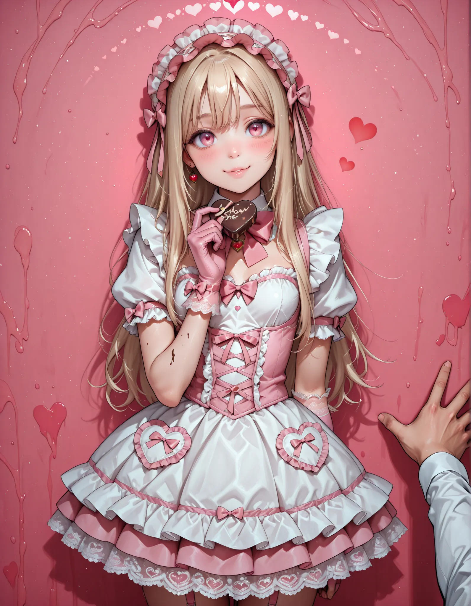 cute maid,mini maid dress that looks like strawberry milk, ash gold hair, Big pink bow tie,pink long lace lolita gloves,I'm looking at this,tilt your neck slightly and smile，(((Show the viewers a heart-shaped chocolate by holding out your arm to the viewer...