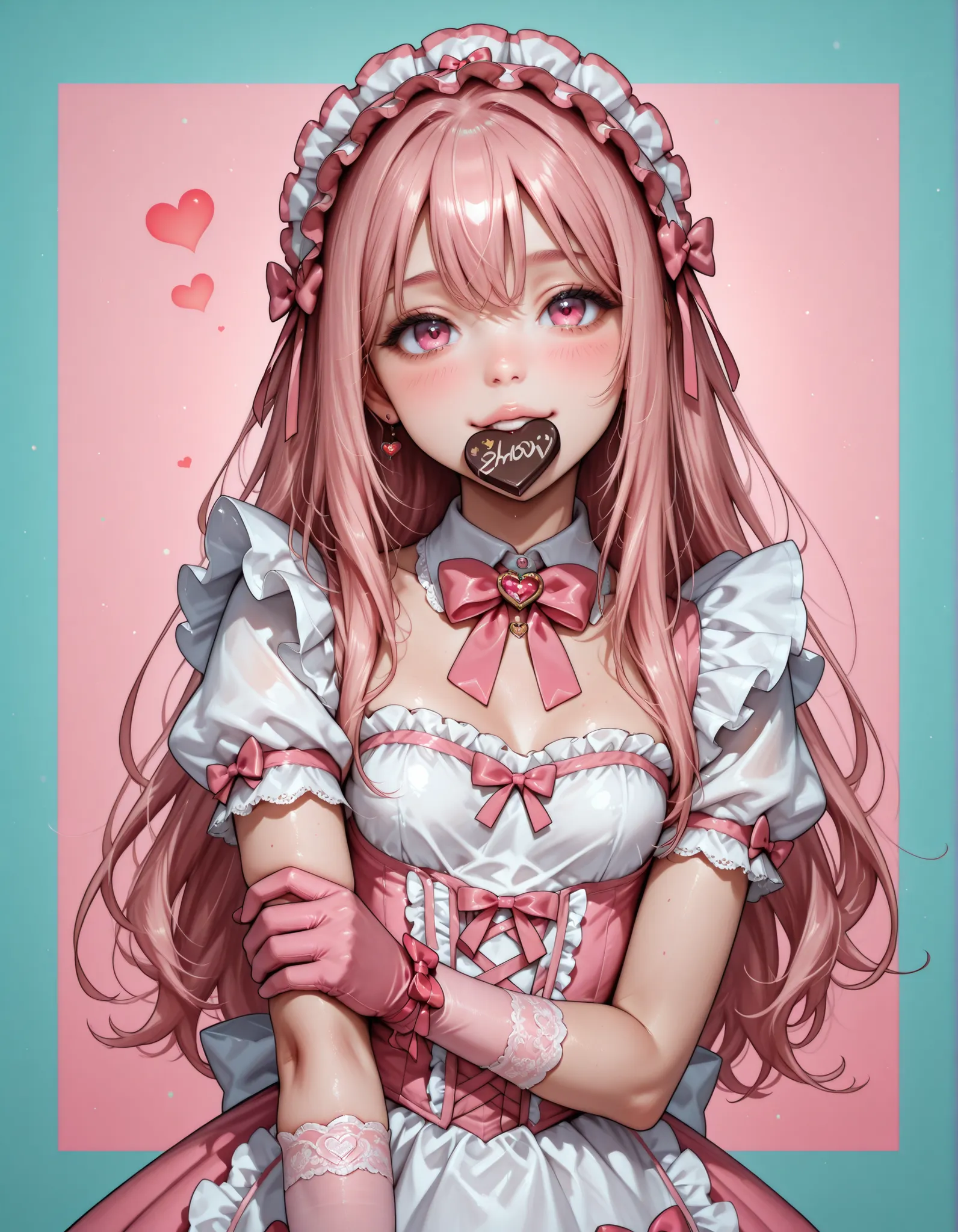 cute maid,mini maid dress that looks like strawberry milk, ash gold hair, Big pink bow tie,pink long lace lolita gloves,I'm looking at this,tilt your neck slightly and smile，(((Show the viewers a heart-shaped chocolate by holding out your arm to the viewer...