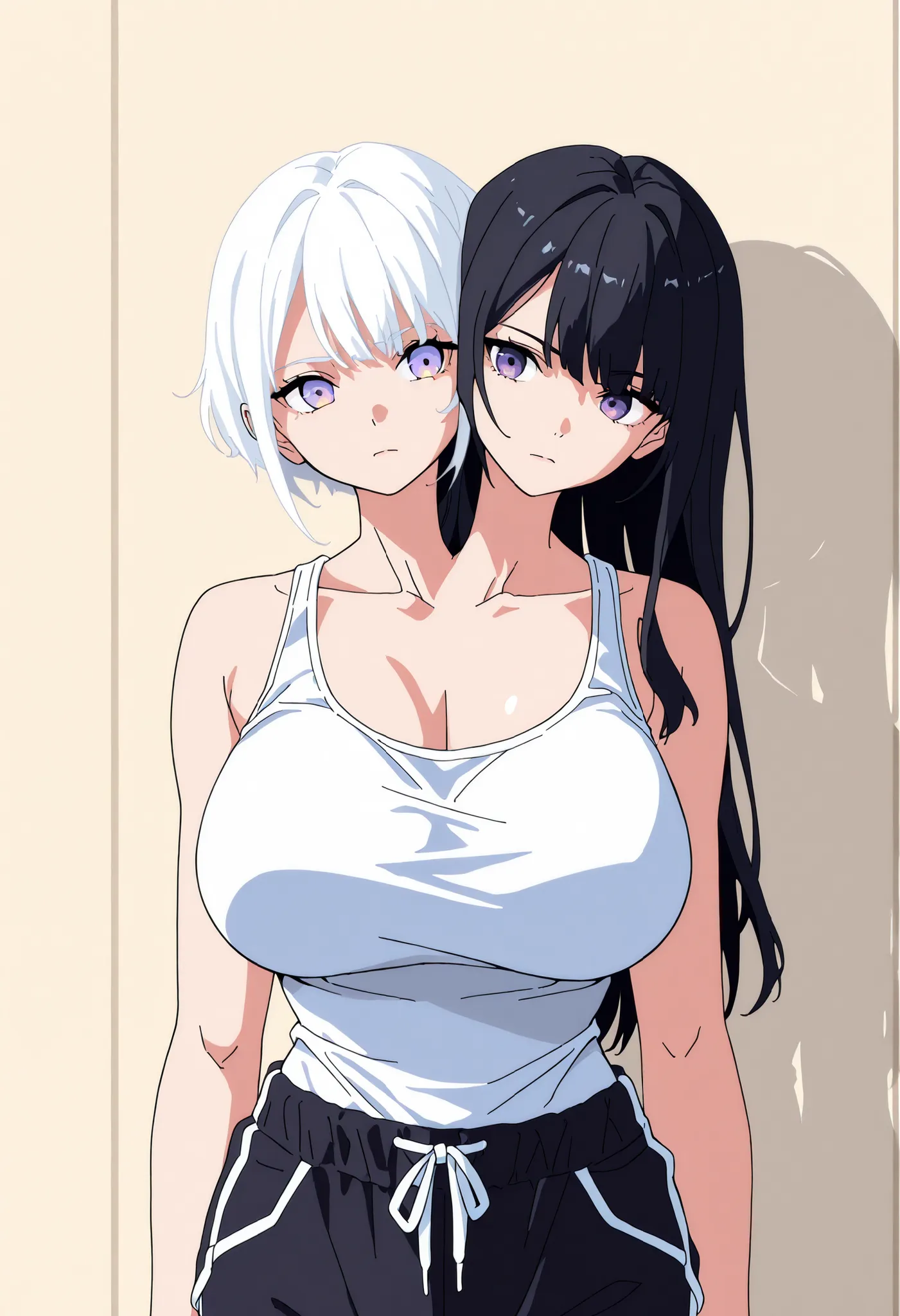 conjoined, 2girls, 2heads, two heads, a tall thin girls with 2 heads, white hair, black hair, long hair, short hair, purple eyes, large breasts, white tank top, black dolphin pants, black, front shots, upper body,