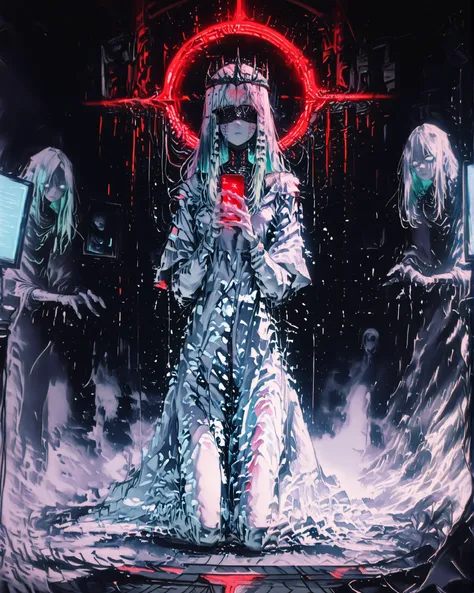Masterpiece, ultra detailed, cinematic lighting, 4K resolution, cyberpunk aesthetic, surreal digital temple. A tall cybernetic priestess stands at the center, her body pale and ethereal. Her long hair is made of braided USB and data cables, flowing like w...