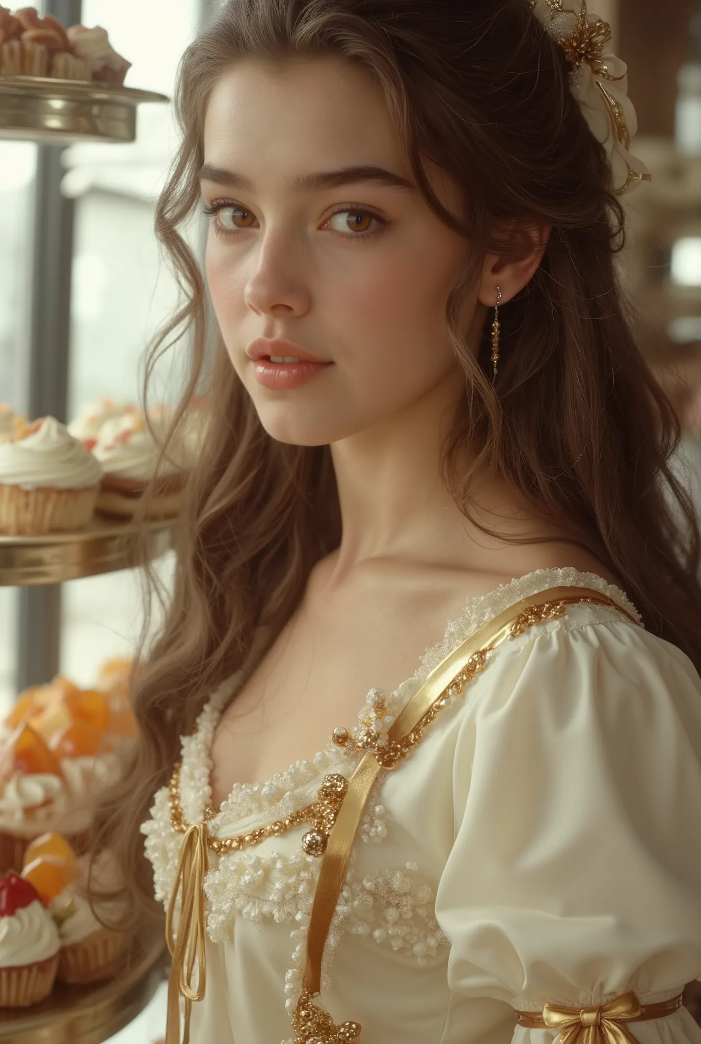 A hyper-realistic, full-body portrait of a young woman whose body is made of elegant desserts and confectionery, her skin resembling silky white chocolate, strands of her hair formed from delicate spun sugar and caramel ribbons, her dress sculpted from lay...