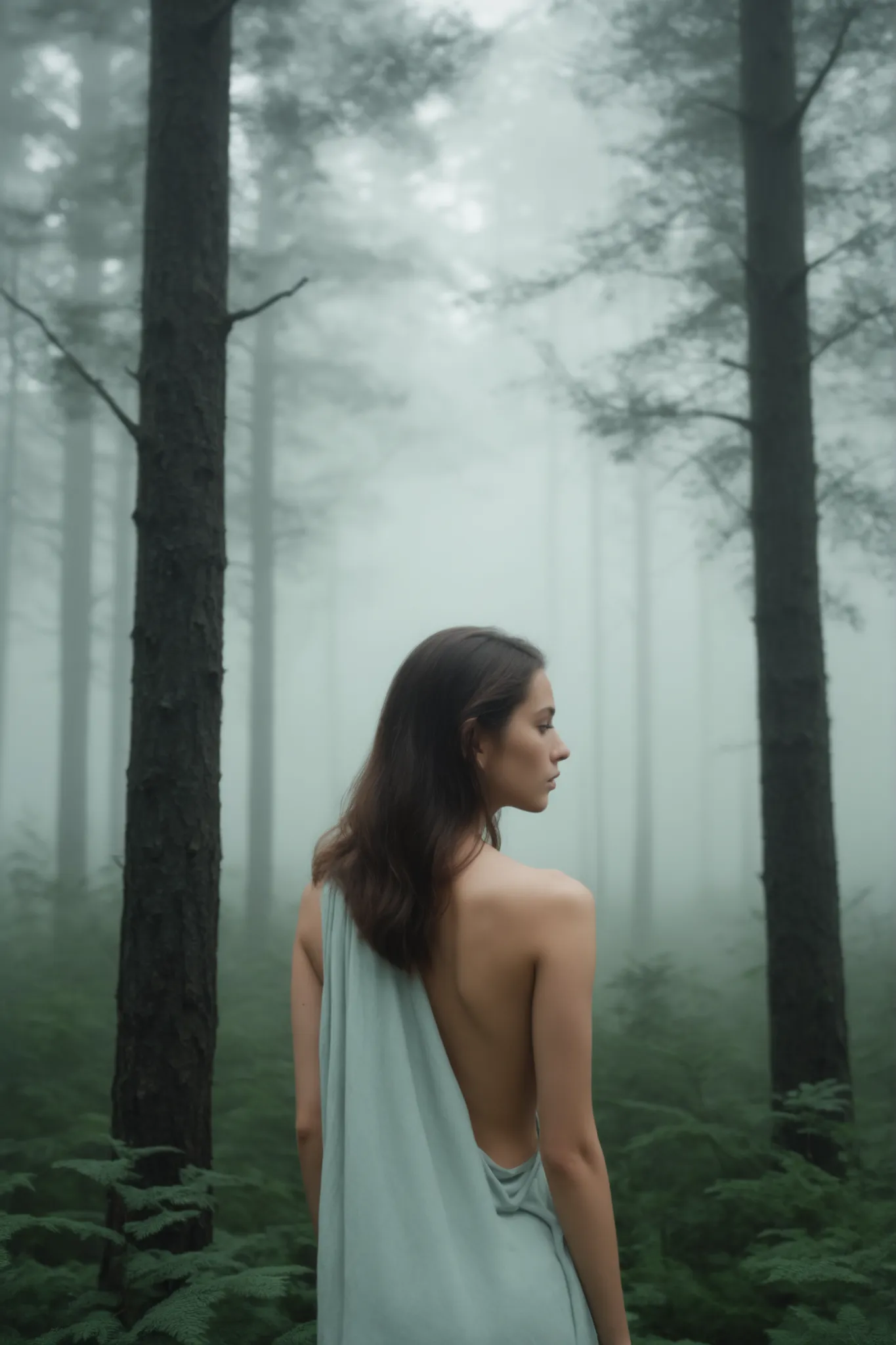 Woman in the middle of a misty forest at dawn, backwards, with loose hair, dressed in a simple, surrounded by trees and soft fog. Contemplative body expression. poetic style, ethereal and minimalist. Palette of soft and natural colors. Atmosphere of intros...