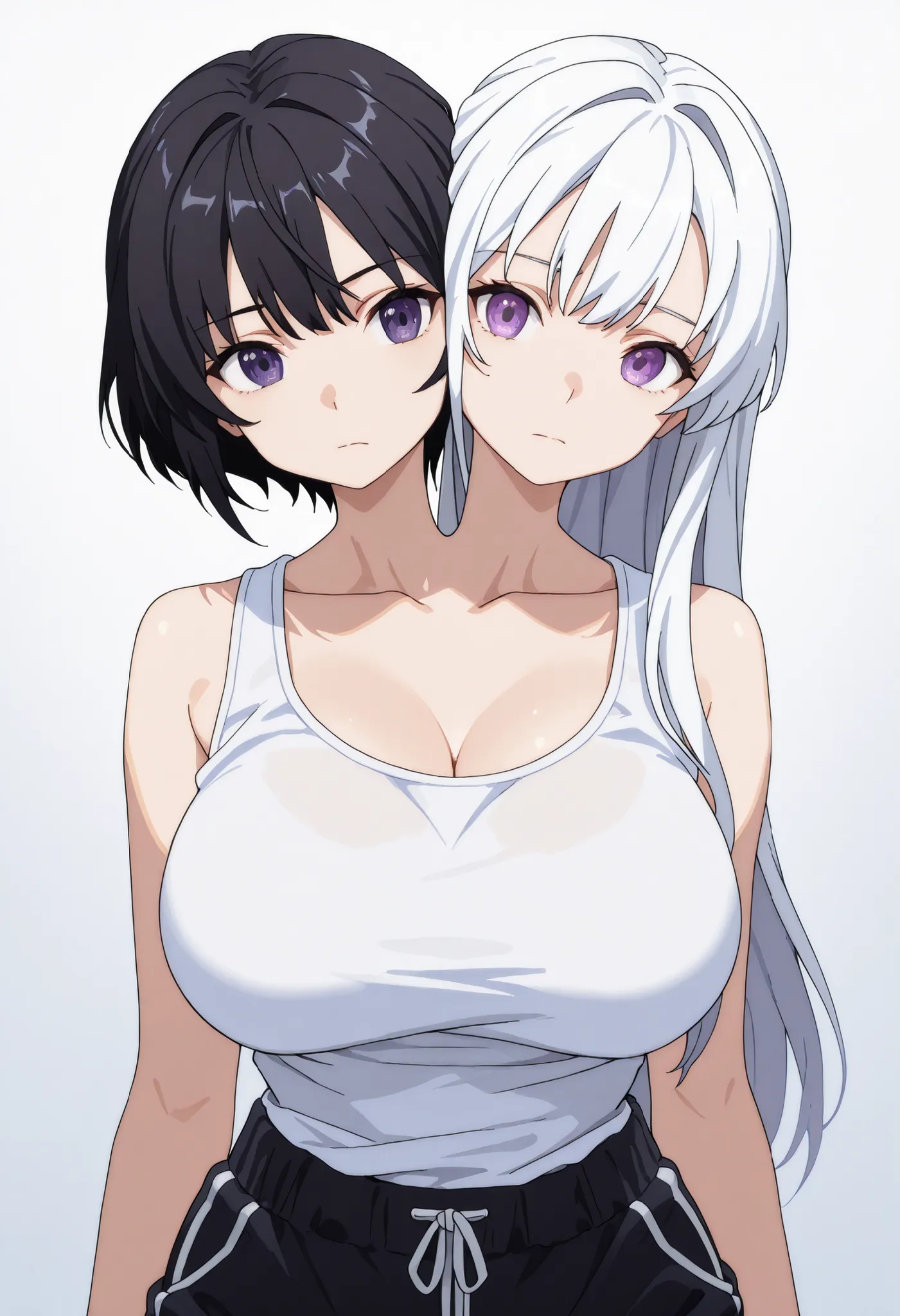 conjoined, 2girls, 2heads, two heads, a tall thin girls with 2 heads, white hair, black hair, long hair, short hair, purple eyes, large breasts, white tank top, black dolphin pants, black, front shots, upper body,