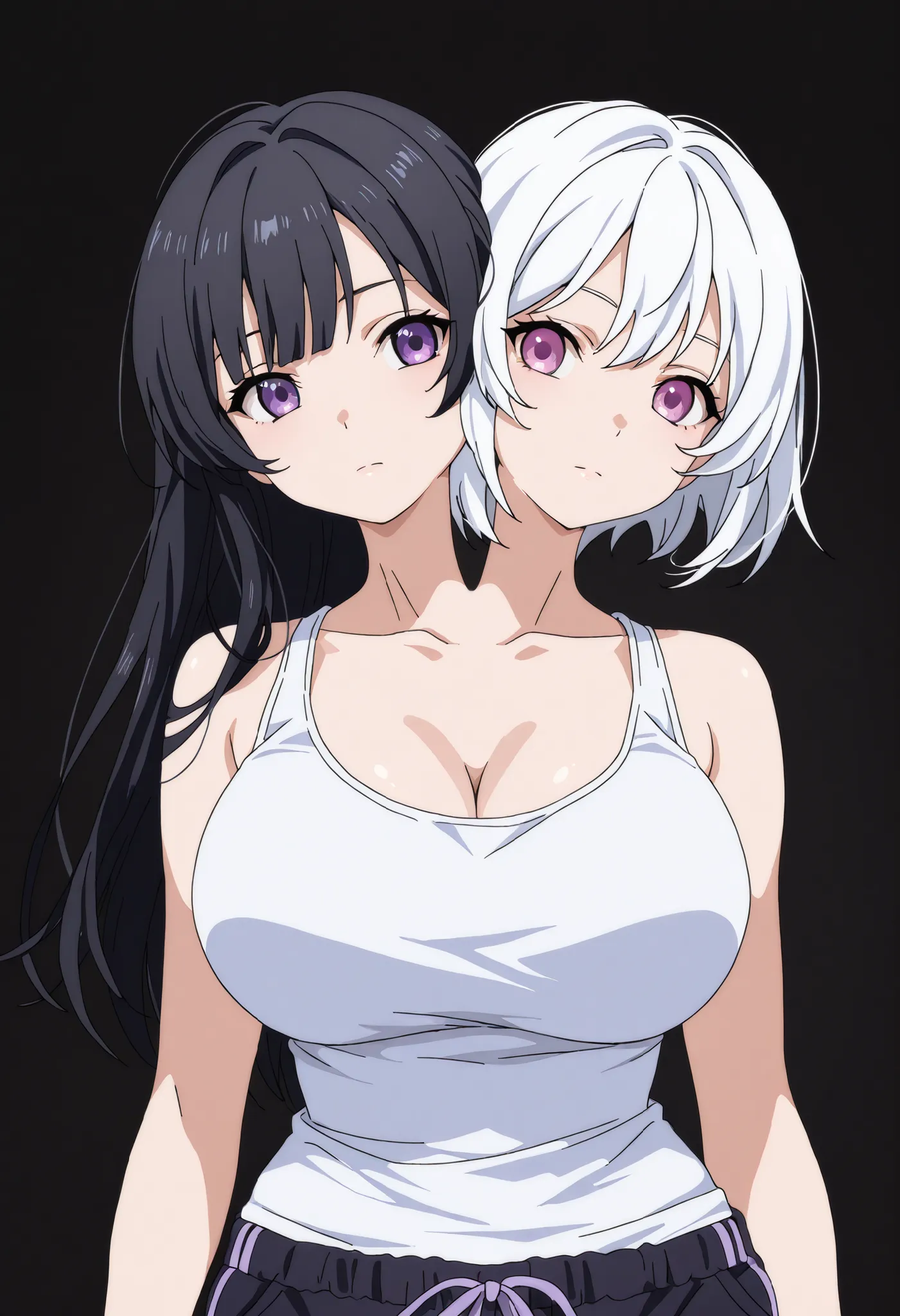 conjoined, 2girls, 2heads, two heads, a tall thin girls with 2 heads, white hair, black hair, long hair, short hair, purple eyes, large breasts, white tank top, black dolphin pants, black, front shots, upper body,