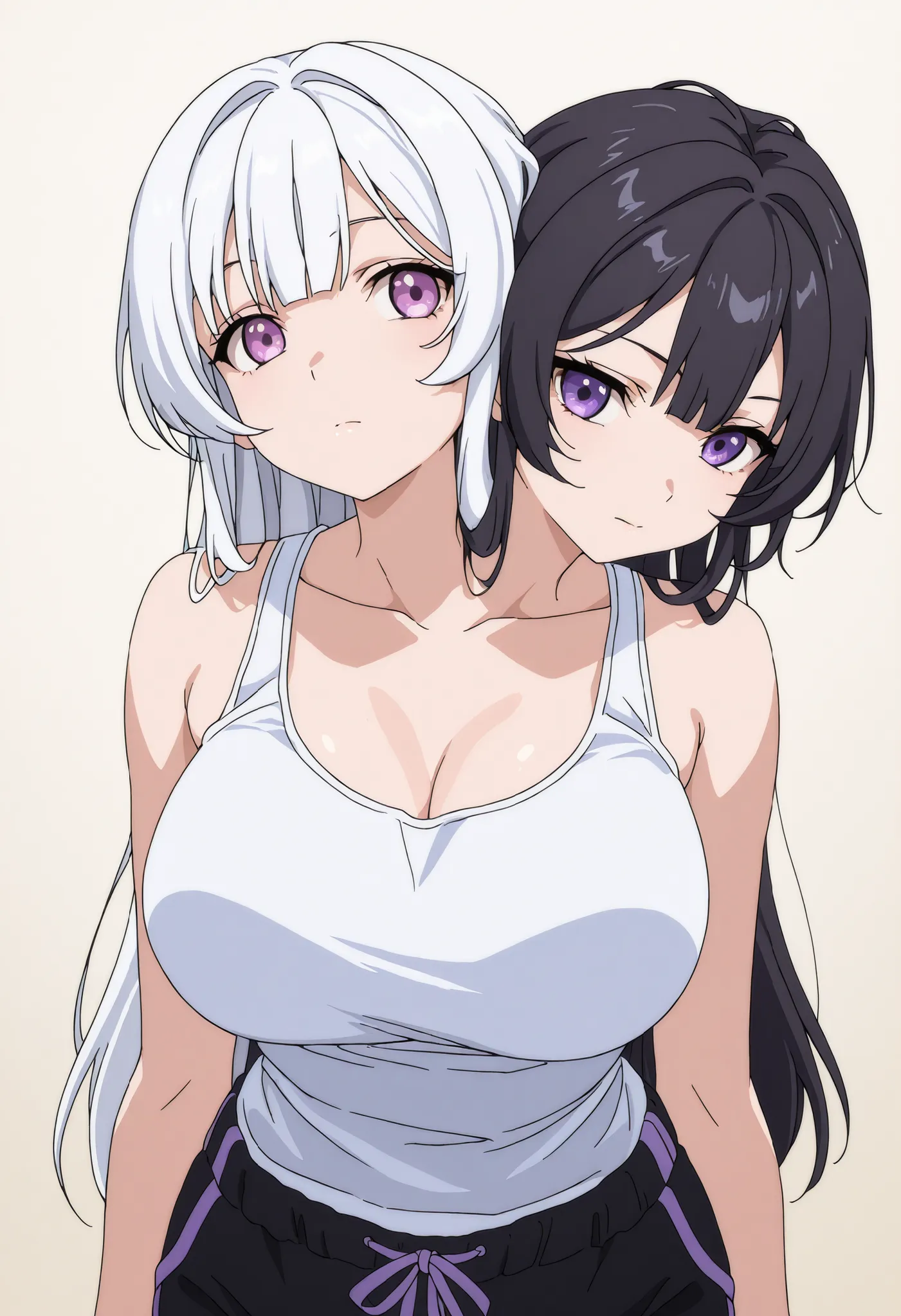 conjoined, 2girls, 2heads, two heads, a tall thin girls with 2 heads, white hair, black hair, long hair, short hair, purple eyes, large breasts, white tank top, black dolphin pants, black, front shots, upper body,