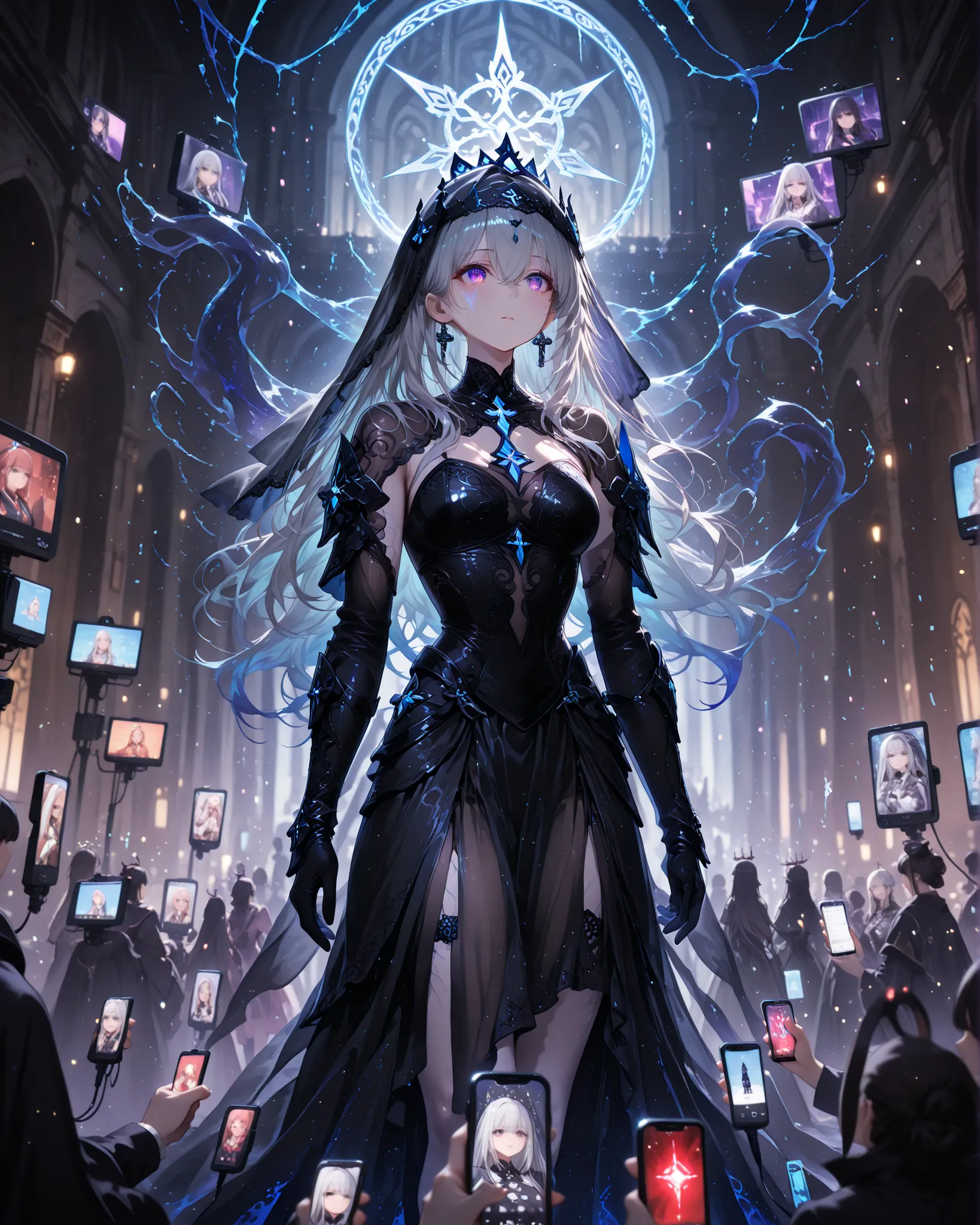  Masterpiece, ultra detailed, 4K resolution, cinematic soft lighting, emotional atmosphere, ethereal mood, still and haunting composition. A tall cybernetic priestess stands in silent stillness at the center of a vast digital cathedral. Her presence feels ...