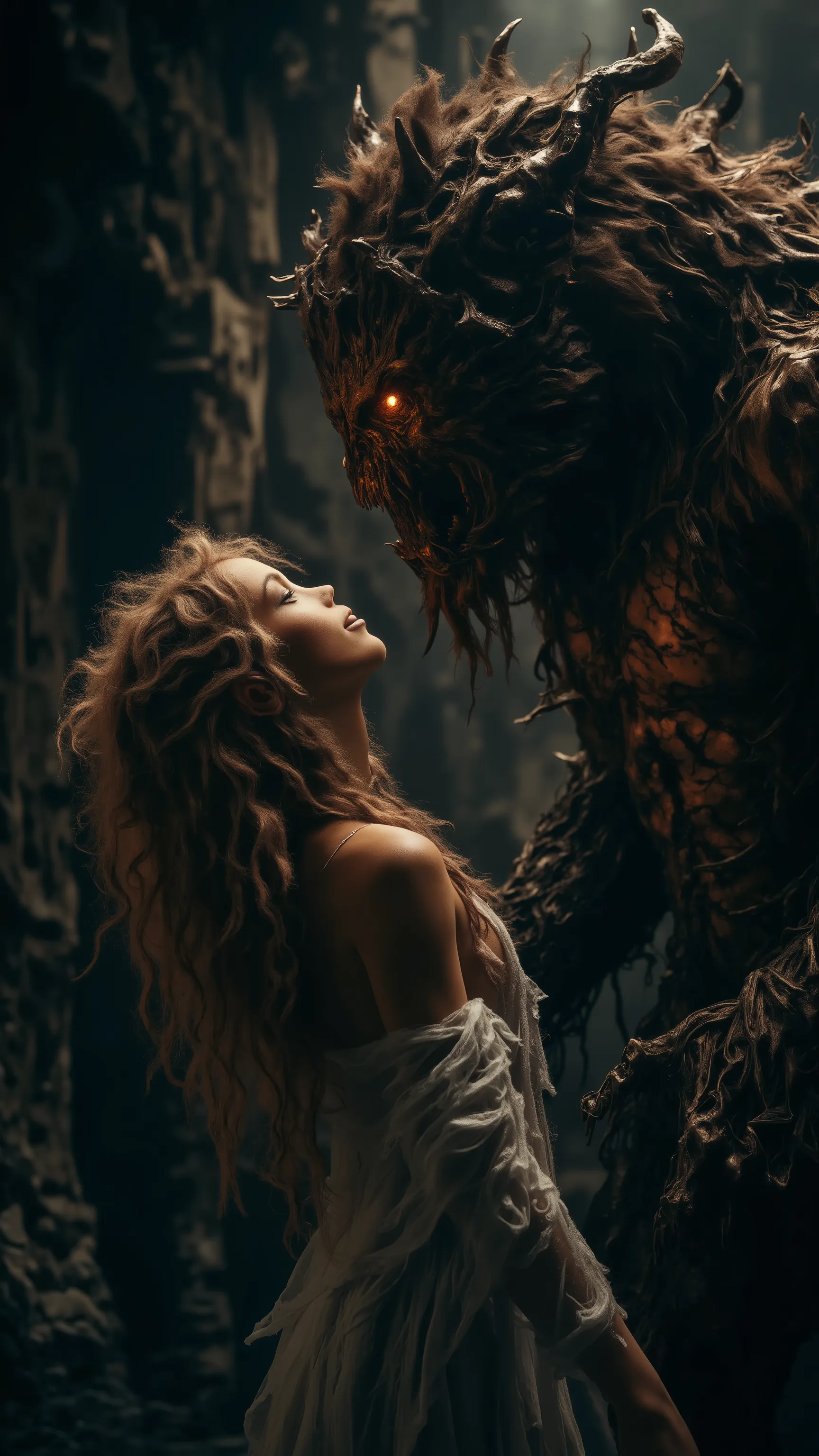 Realistic, Masterpiece, Fine Art 32k, A dramatic scene depicting an ethereal and beautiful European curly blonde female figure in flowing, white ancient drapery, engaged in an intimate encounter with a menacing, muscle beast. The background features dark, ...