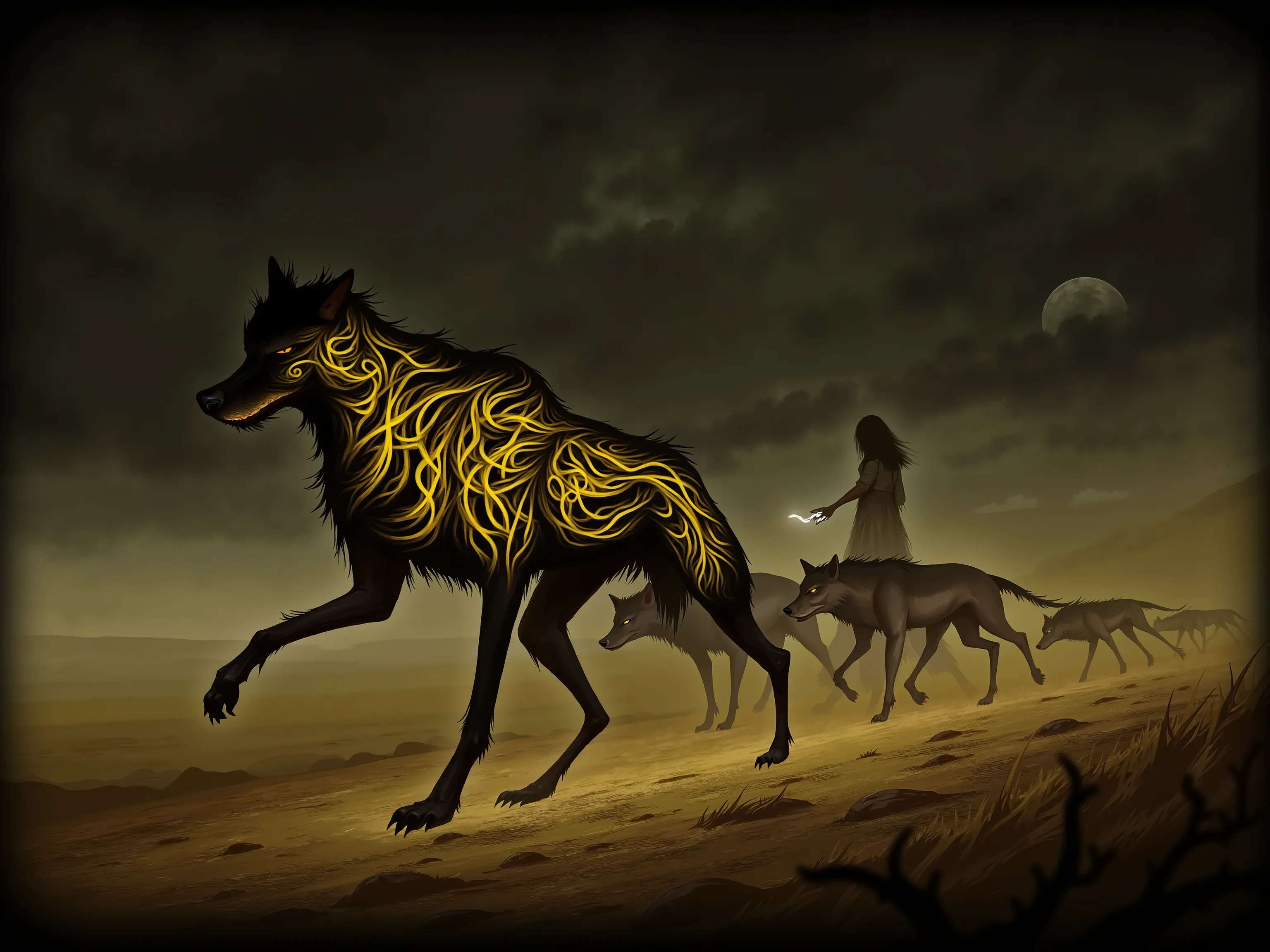 4pp4l4chi4 Folk Horror, NieR, a wolf made up of swirling yellow and black shadows, leading a pack of realistic wolves, in a desert, realistic background, dark clouds