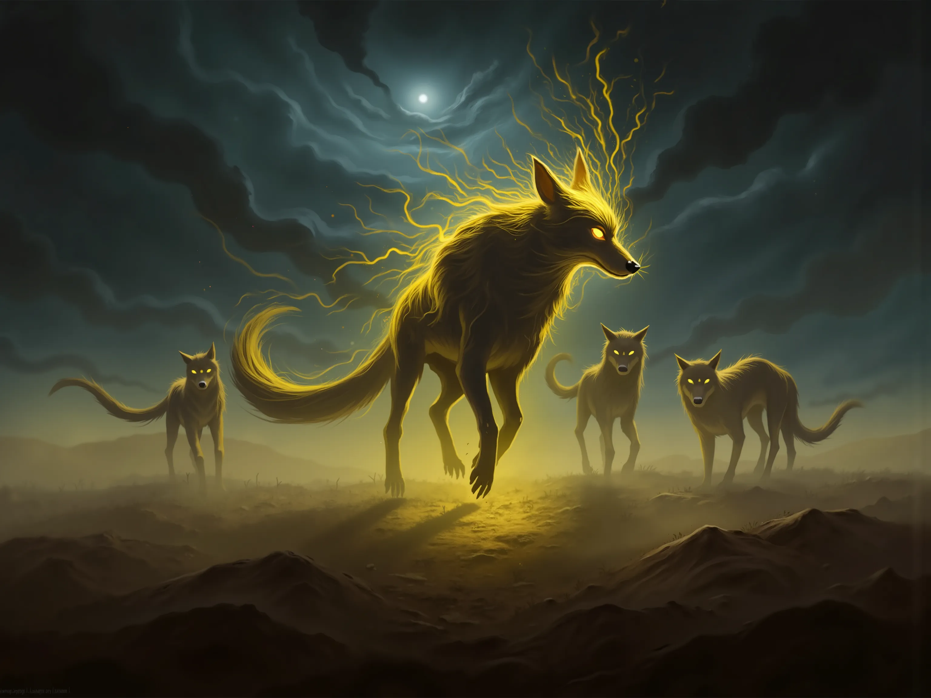 4pp4l4chi4 Folk Horror, NieR, a wolf made up of swirling yellow and black shadows, leading a pack of realistic wolves, in a desert, realistic background, dark clouds