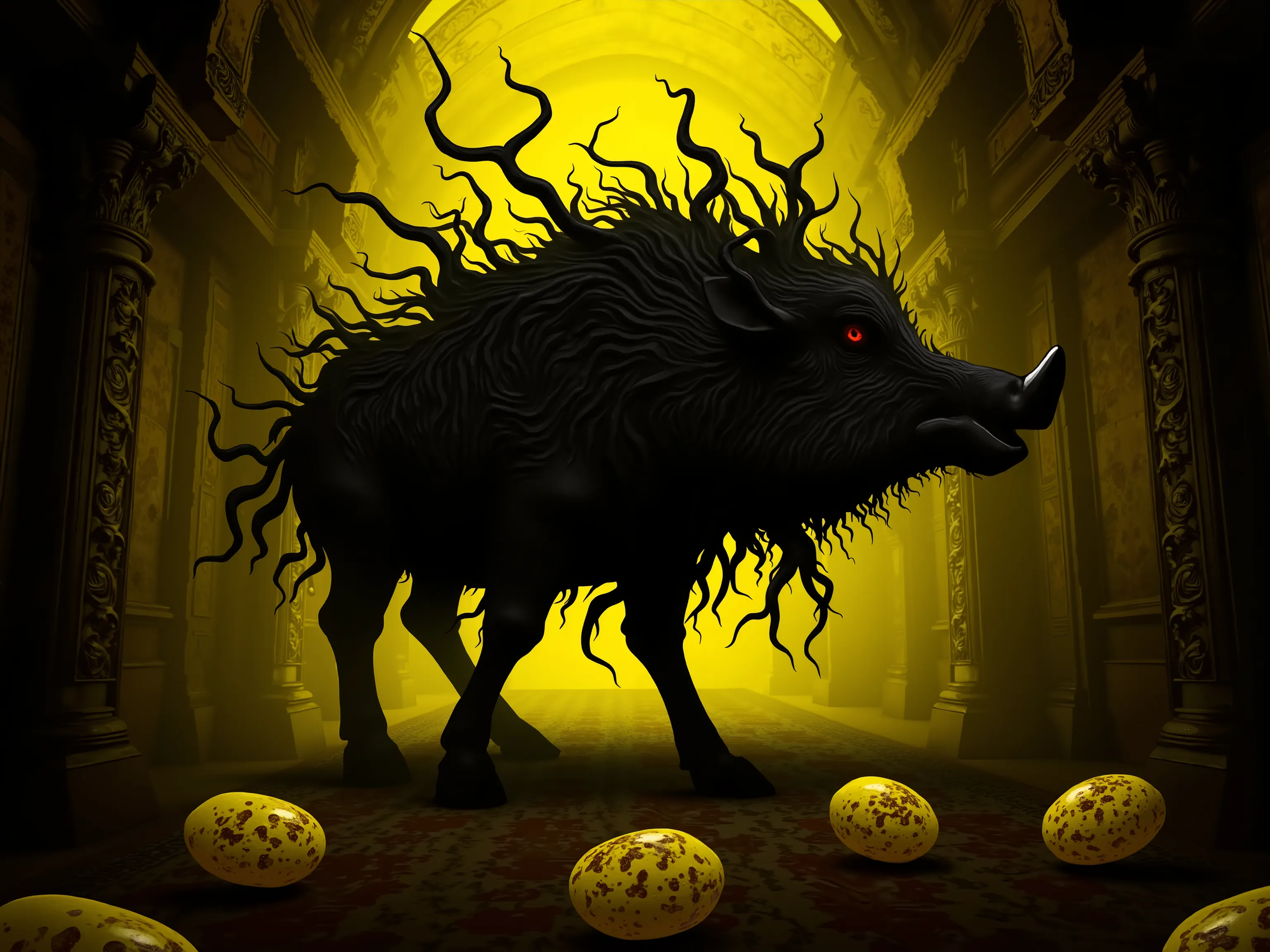 4pp4l4chi4 Folk Horror, NieR, a large boar made up of swirling yellow and black shadows, in a brightly lit baroque ballroom, eggs made of swirling yellow and black shadows