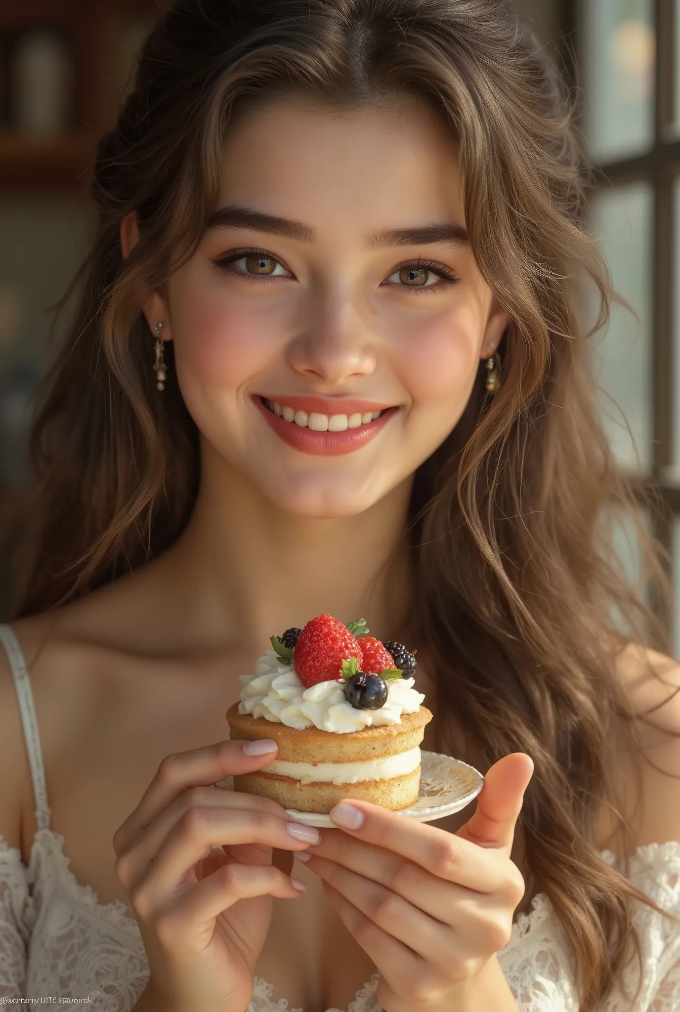 beautiful girl,holding a delicious cake in hand,smiling,graceful expression,wearing a fashionable dress,High Key Lighting,Dreamy atmosphere,precise description,8K rendering,realistic skin,Painting-like texture,Natural Light,understated colors,deep depth of...