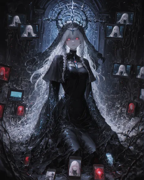 Masterpiece, ultra detailed, 4K resolution, cinematic soft lighting, emotional atmosphere, ethereal mood, still and haunting composition. A tall cybernetic priestess stands in silent stillness at the center of a vast digital cathedral. Her presence feels ...