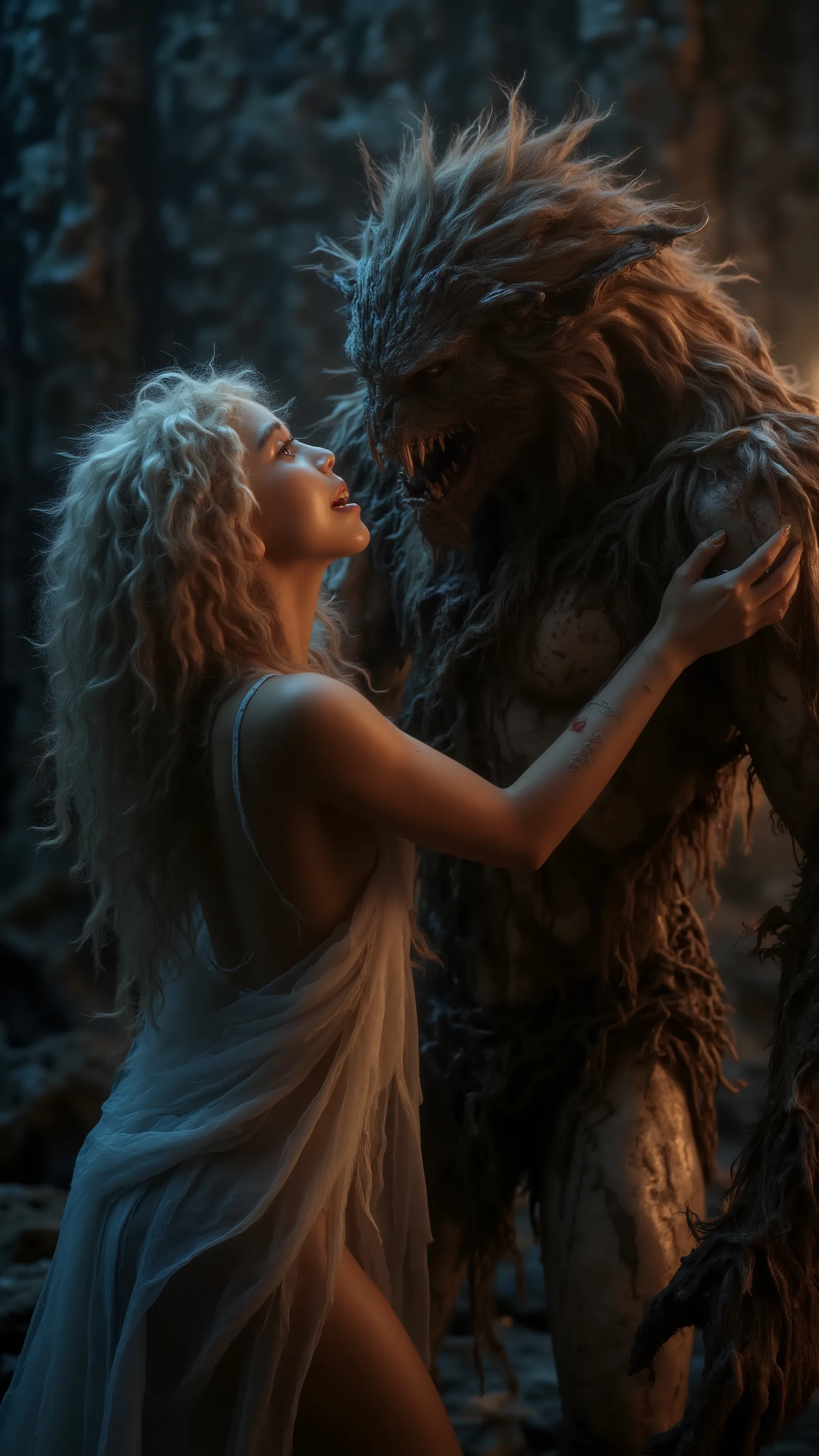 Realistic, Masterpiece, Fine Art 32k, A dramatic scene depicting an ethereal and beautiful European curly cute blonde female figure in flowing, white ancient drapery, engaged in an intimate encounter with a menacing, muscle beast. The background features d...
