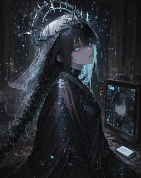 Masterpiece, ultra detailed, 4K resolution, cinematic soft lighting, emotional atmosphere, ethereal mood, still and haunting composition. A tall cybernetic priestess stands in silent stillness at the center of a vast digital cathedral. Her presence feels ...