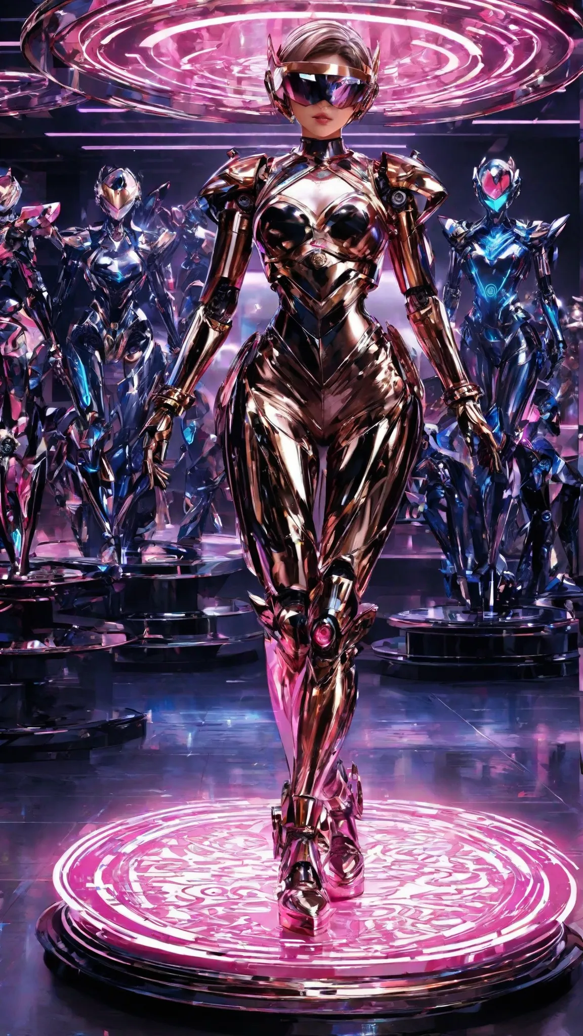 A futuristic, humanoid robotic figure stands prominently on a circular platform, exuding a luxurious metallic sheen in shades of pink and rose gold. The robot's design is sleek and humanoid, with articulated joints and a glossy finish, adorned in a crop to...
