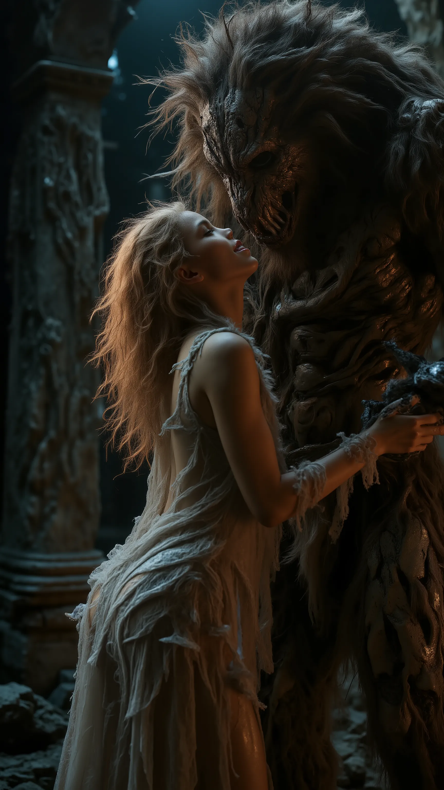 Realistic, Masterpiece, Fine Art 32k, A dramatic scene depicting an ethereal and beautiful European curly cute blonde female figure in flowing, white ancient drapery, engaged in an intimate encounter with a menacing, muscle beast. The background features d...