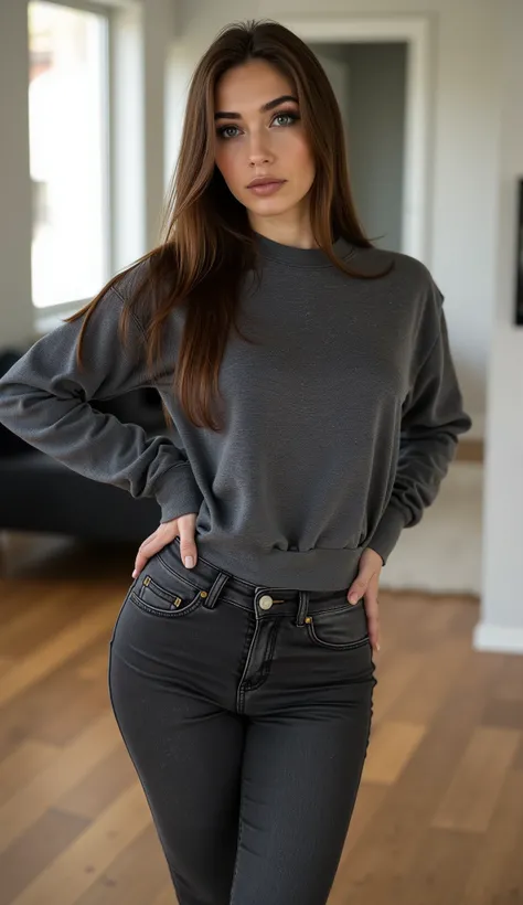 photoreal, ultra-detailed, 8k, masterpiece, realistic photograph, full-body shot, full body visible, white European woman in her 30s, pale skin, long straight brown hair, middle part, thick dark arched eyebrows, sharp prominent cupid’s bow, very subtle nud...