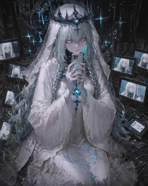 Masterpiece, ultra detailed, 4K resolution, cinematic soft lighting, emotional atmosphere, ethereal mood, still and haunting composition. A tall cybernetic priestess stands in silent stillness at the center of a vast digital cathedral. Her presence feels ...