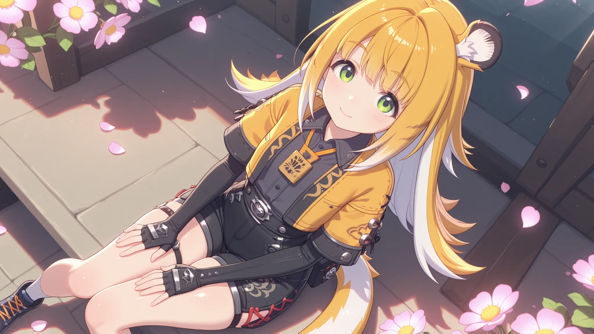 shiny skin, hands on my knees, sits
JuFuFu,
Shine, Shine, sun beam, flower petals in the background
high angle, looks at the viewer,
laughs,