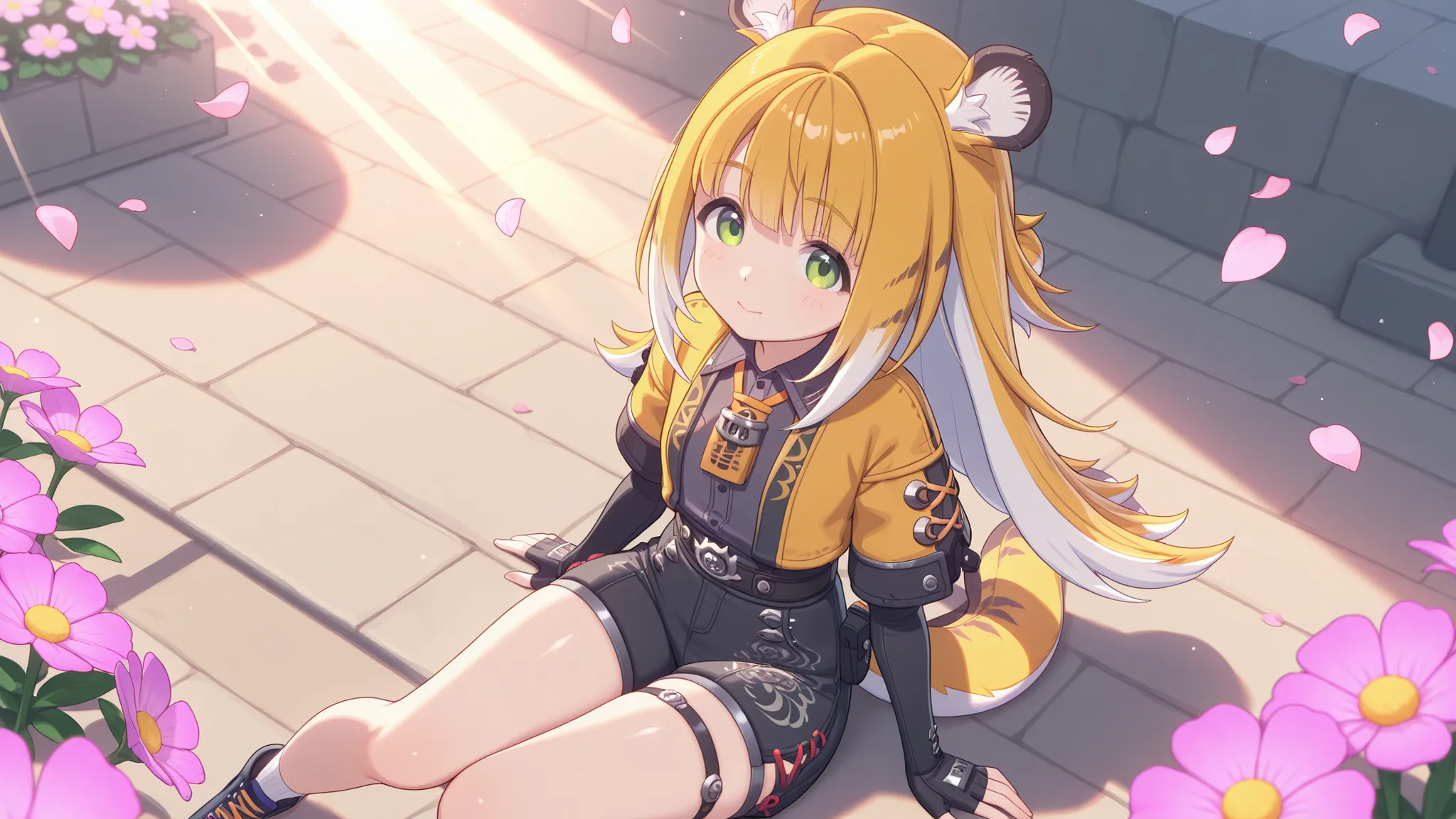 shiny skin, hands on my knees, sits
JuFuFu,
Shine, Shine, sun beam, flower petals in the background
high angle, looks at the viewer,
laughs,
