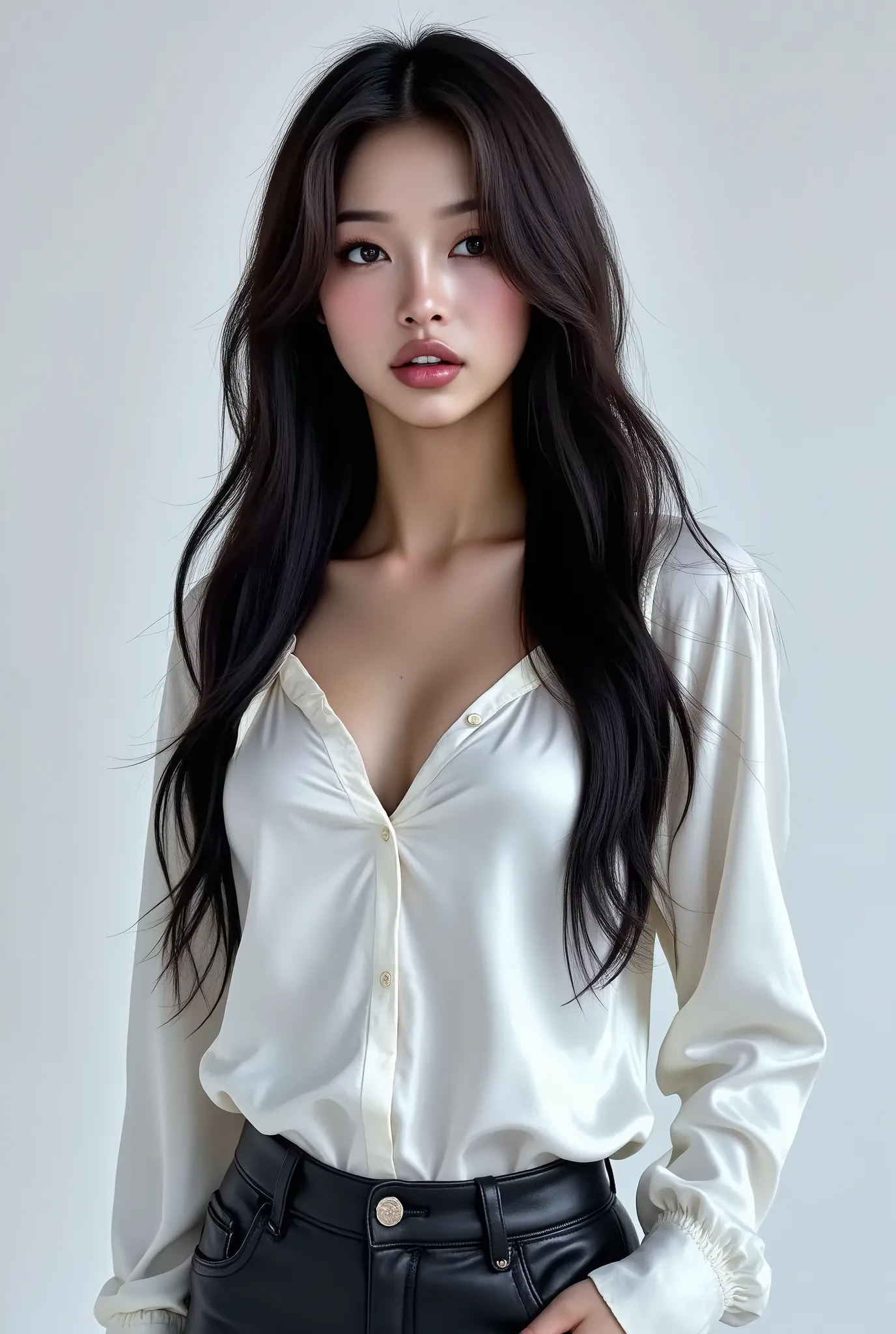 arafed woman, dark hair, instagram model with a shiny white satin button down shirt, black leather pants, white studio background