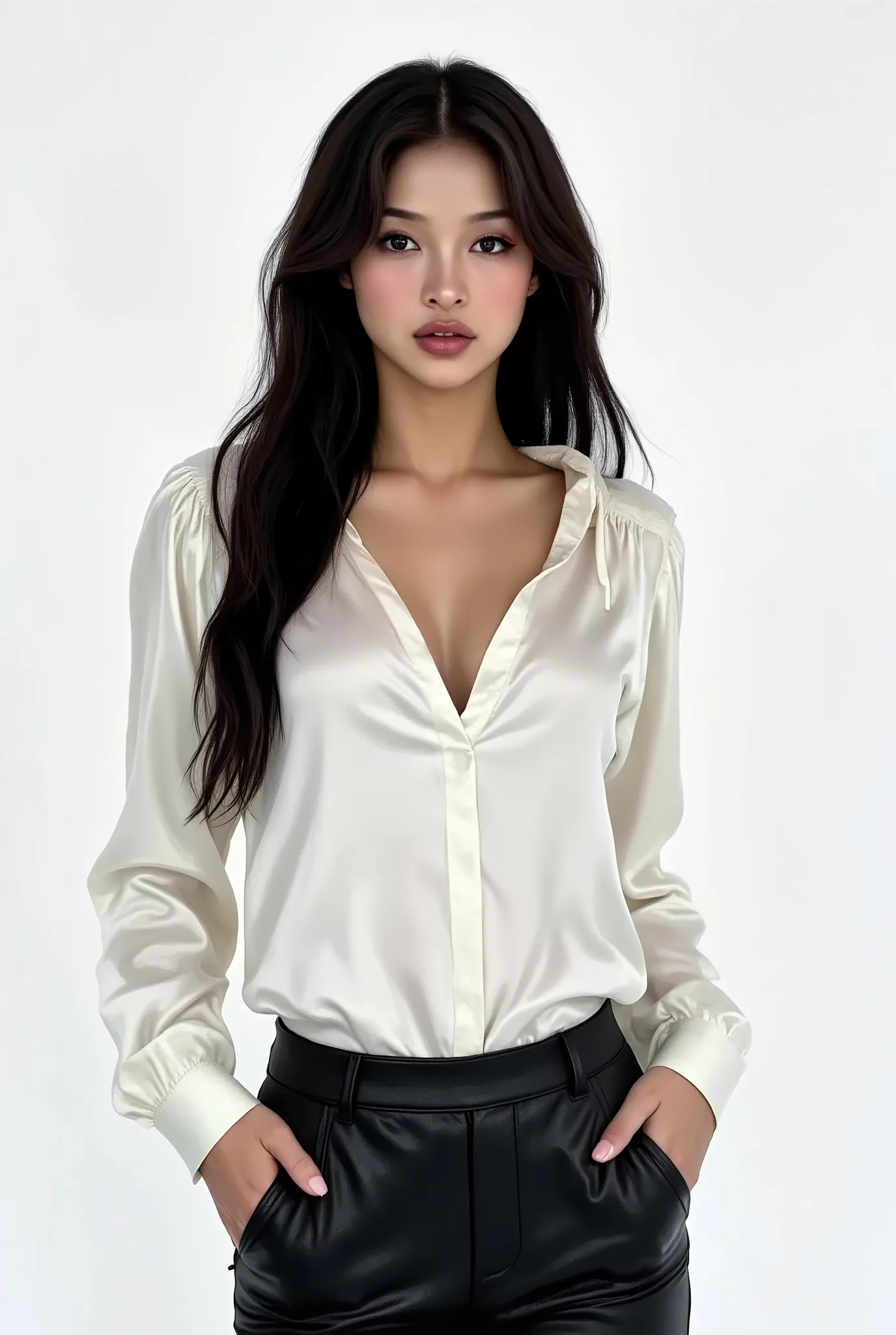 arafed woman, dark hair, instagram model with a shiny white satin button down shirt, black leather pants, white studio background