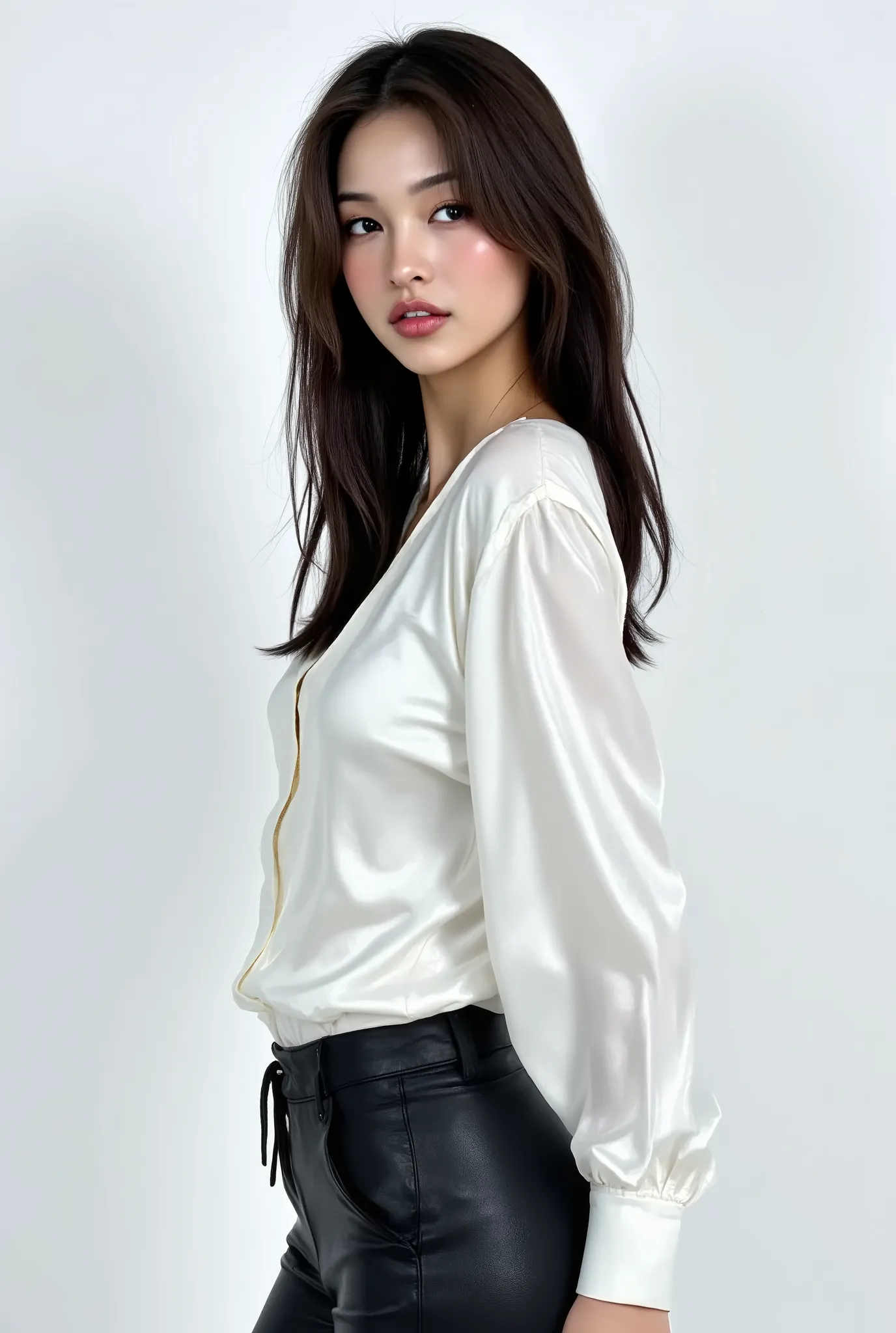 arafed woman, dark hair, instagram model with a shiny white satin button down shirt, black leather pants, white studio background