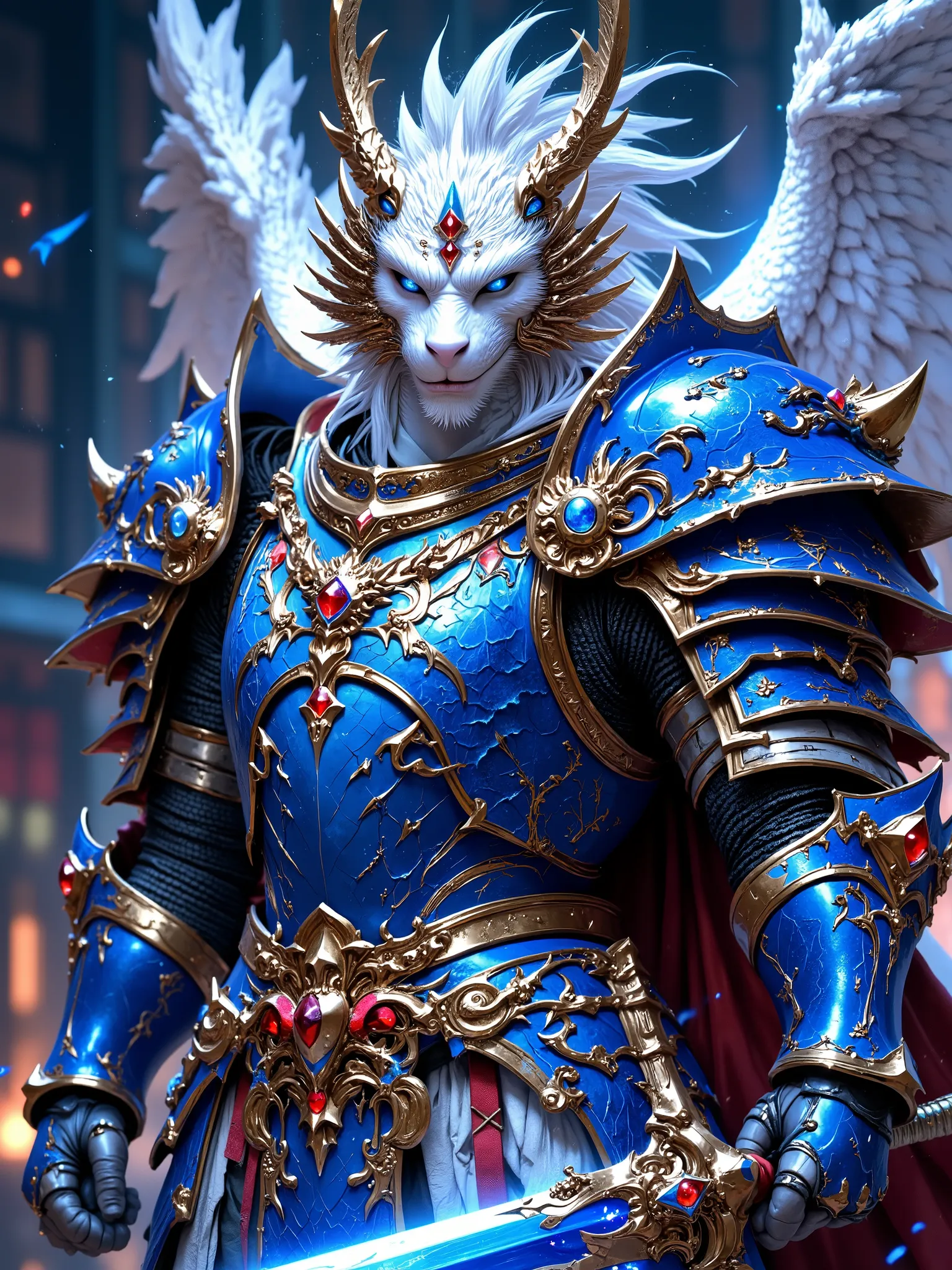((White Dragon Knight with a pure white body and dazzling scales:1.9)), (A white white dragon knight wearing beautiful blue and gold armor, blue armor has a golden amulet decoration on the edge, A young female knight wearing beautiful red and golden armor,...