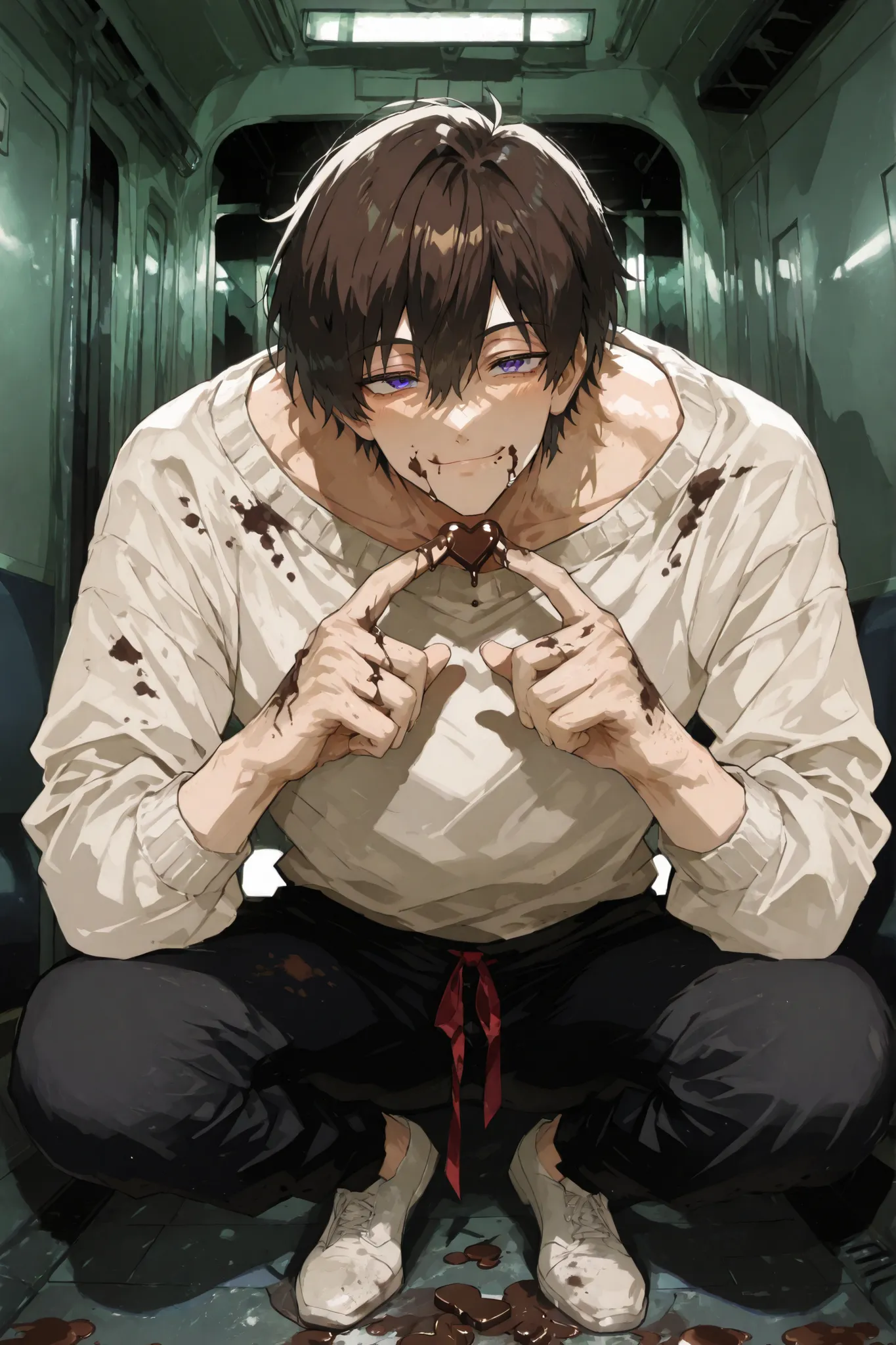 anime, Male celebrity, chocolate on the face, Chocolate mousse on hands, with dirty chocolate on the hands, happy expression, 4K, illustration, Dark Subway, Sexy Pose, thumbs and 4 fingers, full body, From afar