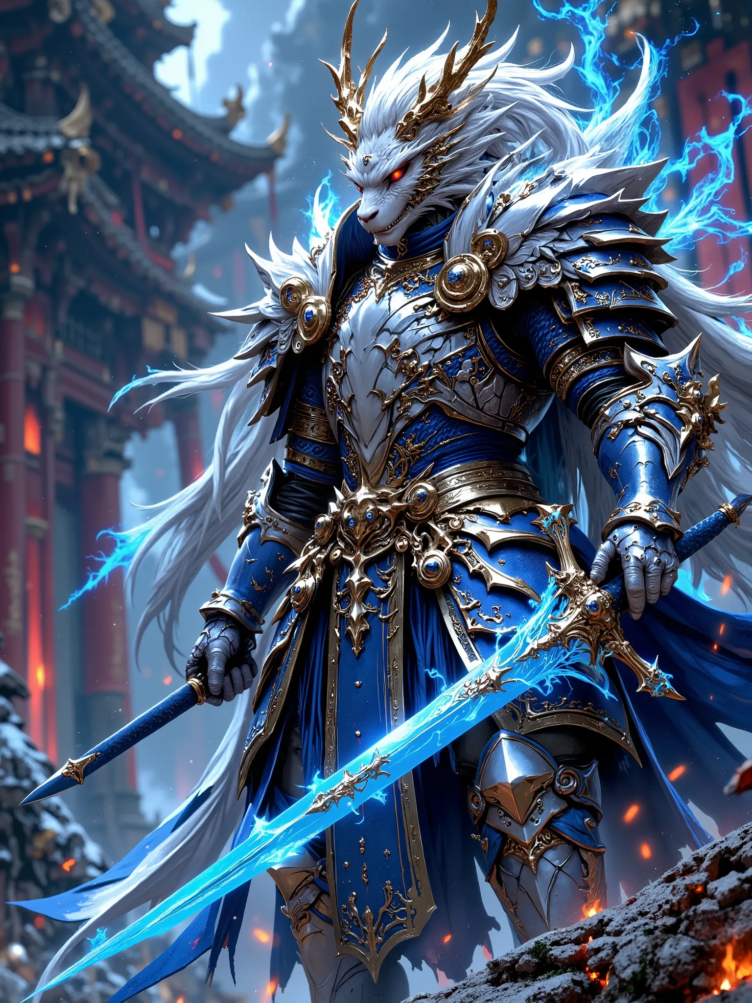 ((White Dragon Knight with a pure white body and dazzling scales:1.9)), (A white white dragon knight wearing beautiful blue and gold armor, blue armor has a golden amulet decoration on the edge, A young female knight wearing beautiful red and golden armor,...