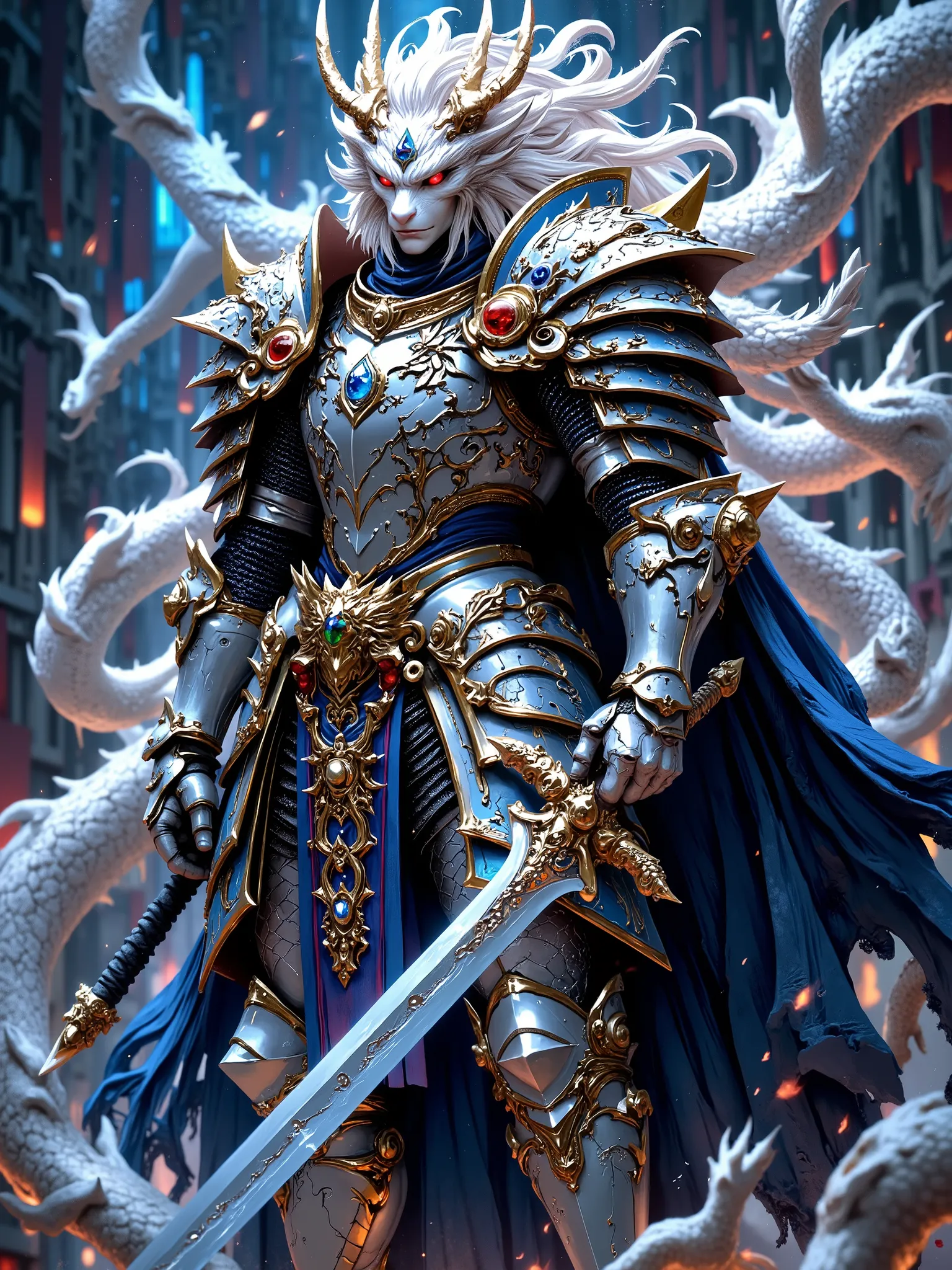 ((White Dragon Knight with a pure white body and dazzling scales:1.9)), (A white white dragon knight wearing beautiful blue and gold armor, blue armor has a golden amulet decoration on the edge, A young female knight wearing beautiful red and golden armor,...