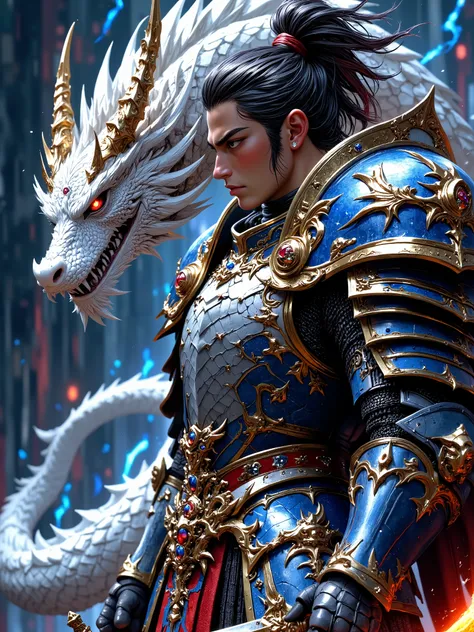 ((White Dragon Knight with a pure white body and dazzling scales:1.9)), (A white white dragon knight wearing beautiful blue and gold armor, blue armor has a golden amulet decoration on the edge, A young female knight wearing beautiful red and golden armor,...