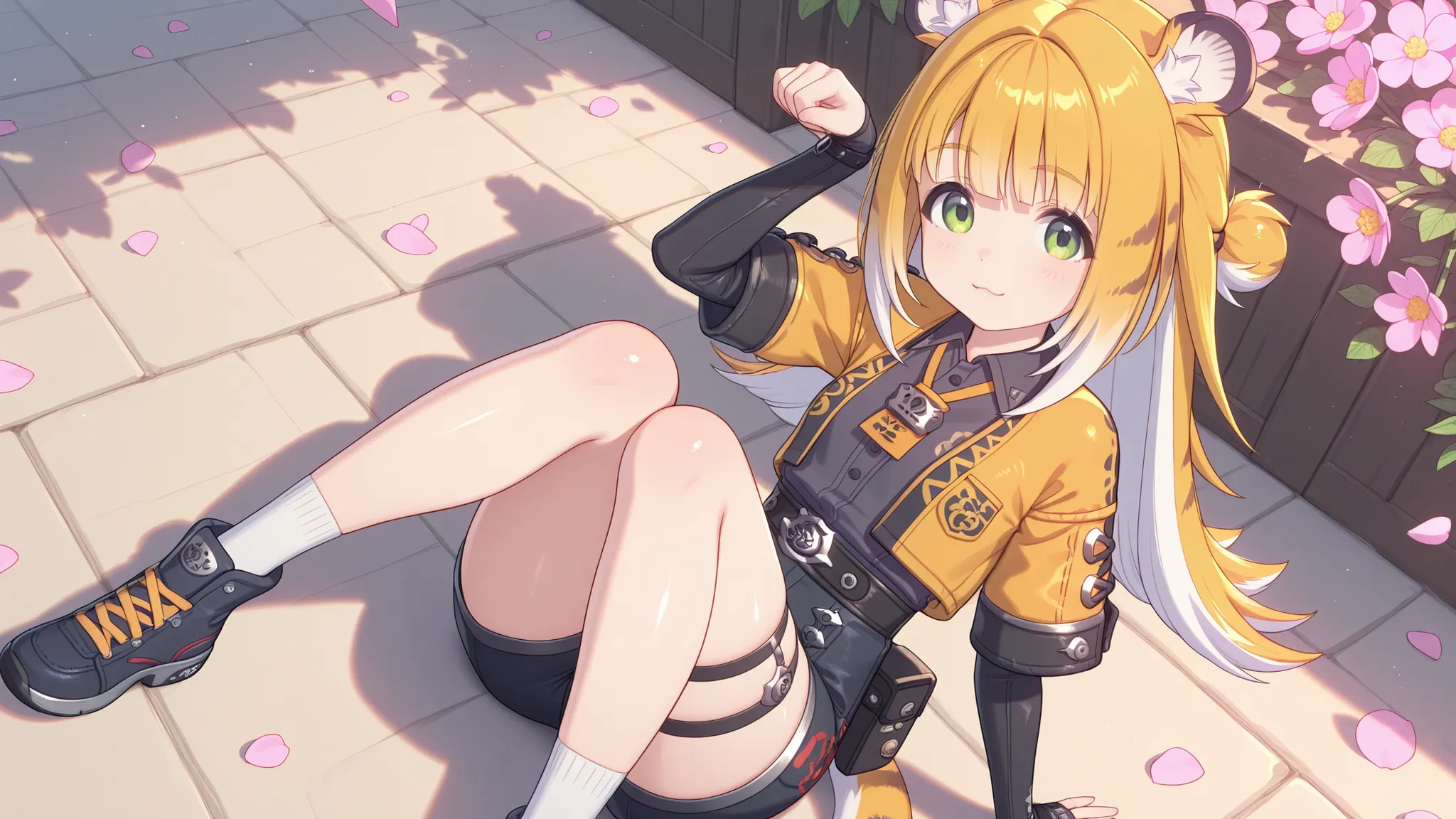 shiny skin, cat pose , sits
JuFuFu,
Shine, Shine, sun beam, flower petals in the background
high angle, looks at the viewer,
laughs, hands between knees