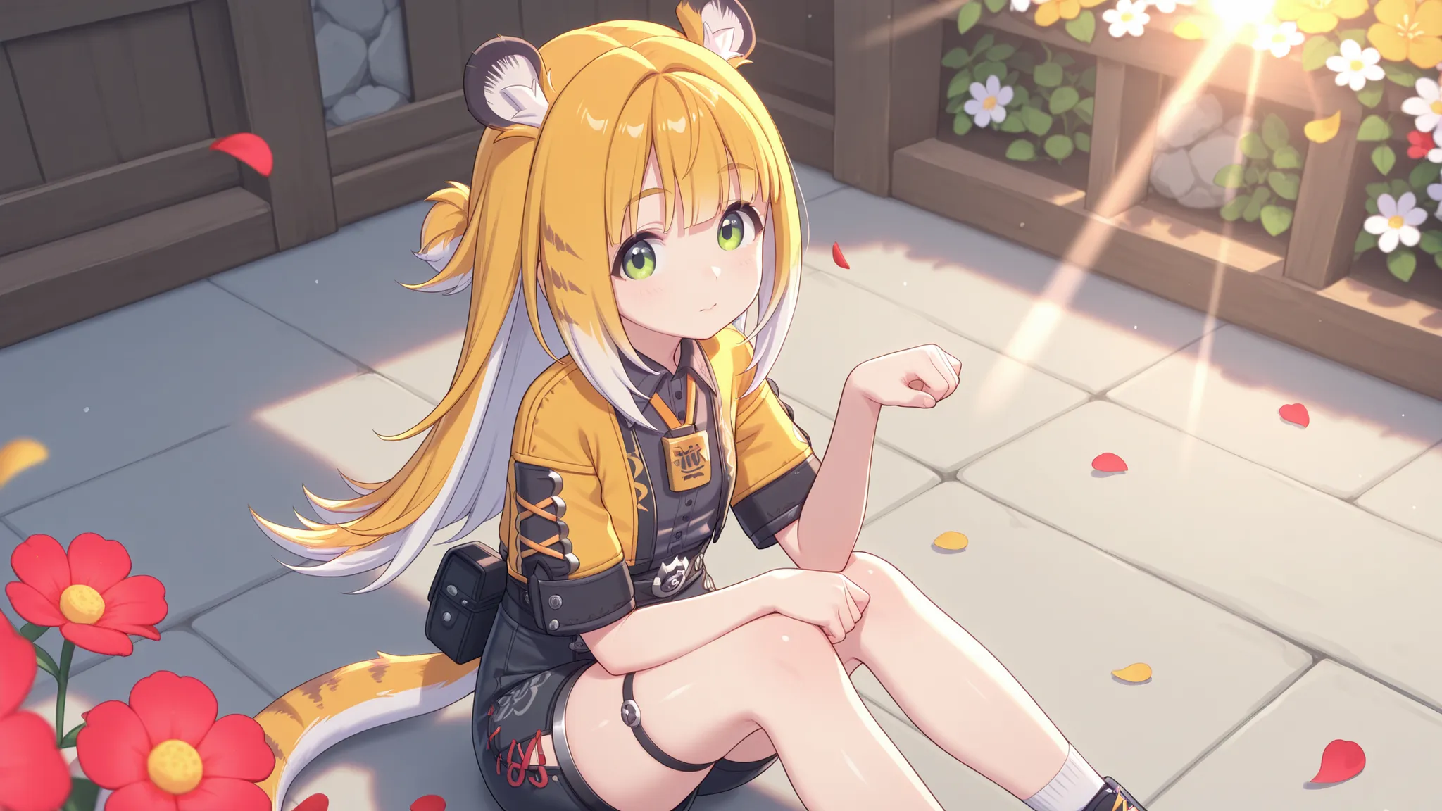 shiny skin, cat pose , sits
JuFuFu,
Shine, Shine, sun beam, flower petals in the background
high angle, looks at the viewer,
laughs, hands between knees