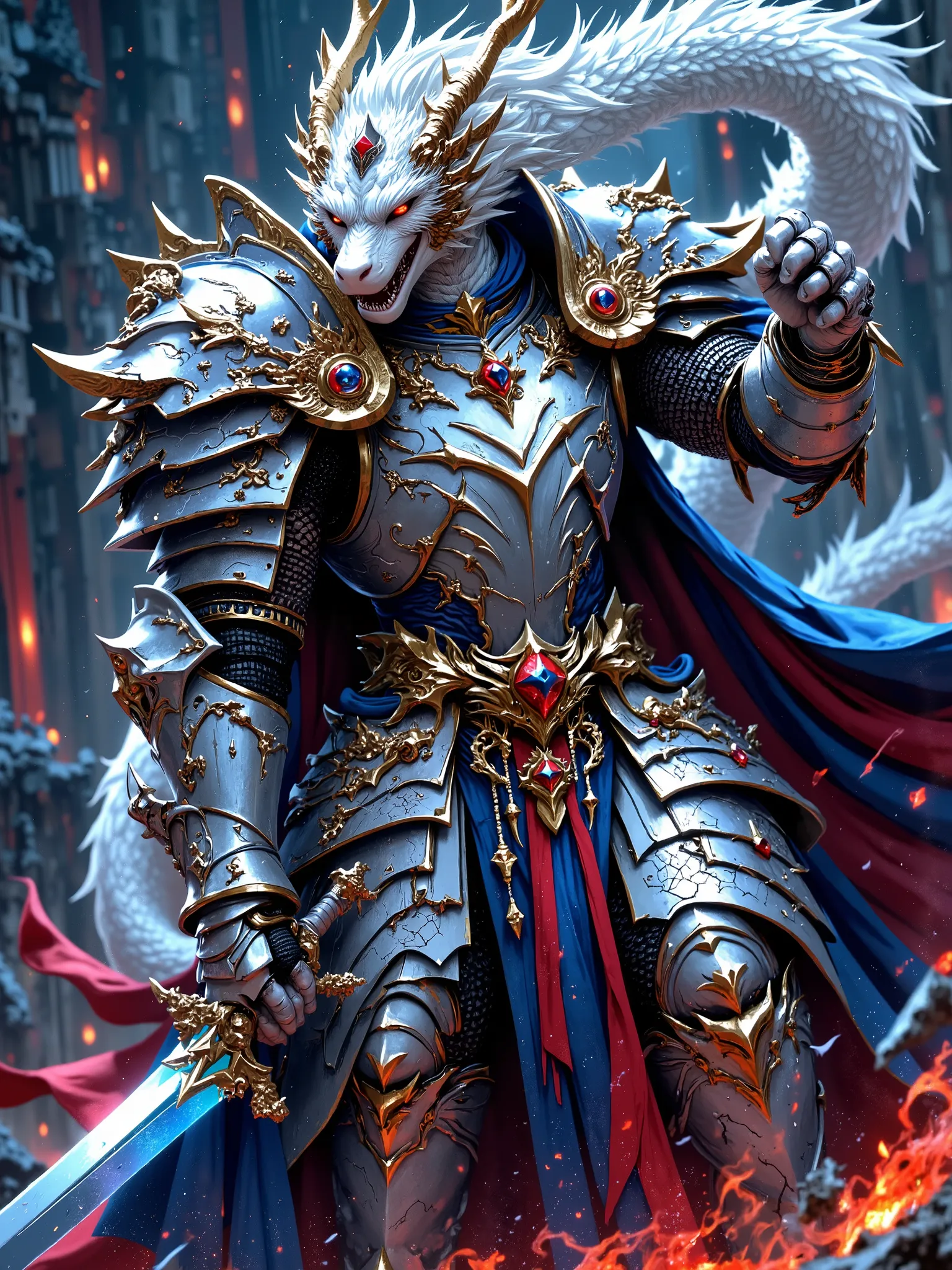 ((White Dragon Knight with a pure white body and dazzling scales:1.9)), (A white white dragon knight wearing beautiful blue and gold armor, blue armor has a golden amulet decoration on the edge, A young female knight wearing beautiful red and golden armor,...