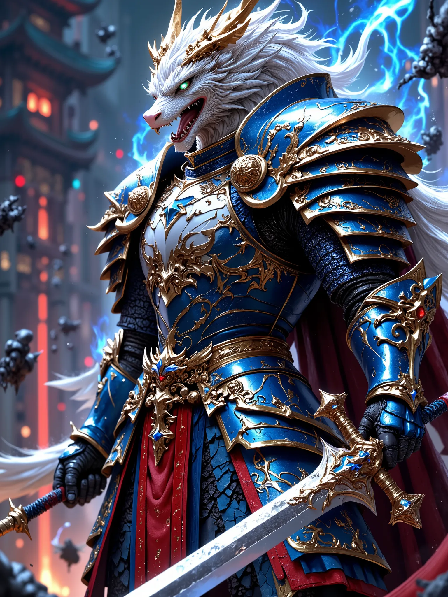 ((White Dragon Knight with a pure white body and dazzling scales:1.9)), (A white white dragon knight wearing beautiful blue and gold armor, blue armor has a golden amulet decoration on the edge, A young female knight wearing beautiful red and golden armor,...
