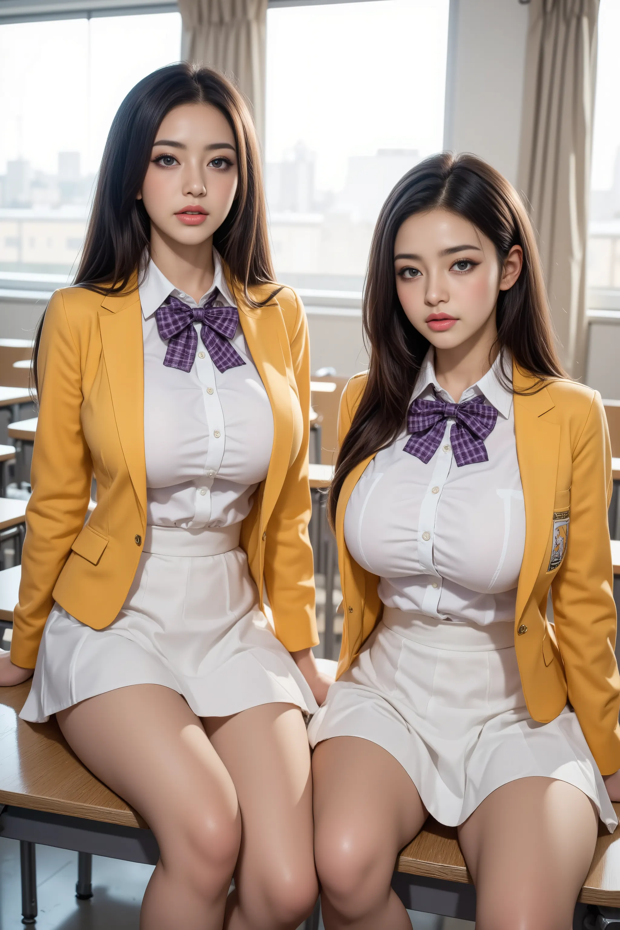 su5 style, Photograph of two young Asian women in a classroom, seated on desks. Both wear yellow blazers, tight white shirts accentuating their huge breasts, and short white skirts with purple bow ties. The woman on the left leans forward, legs apart, whil...