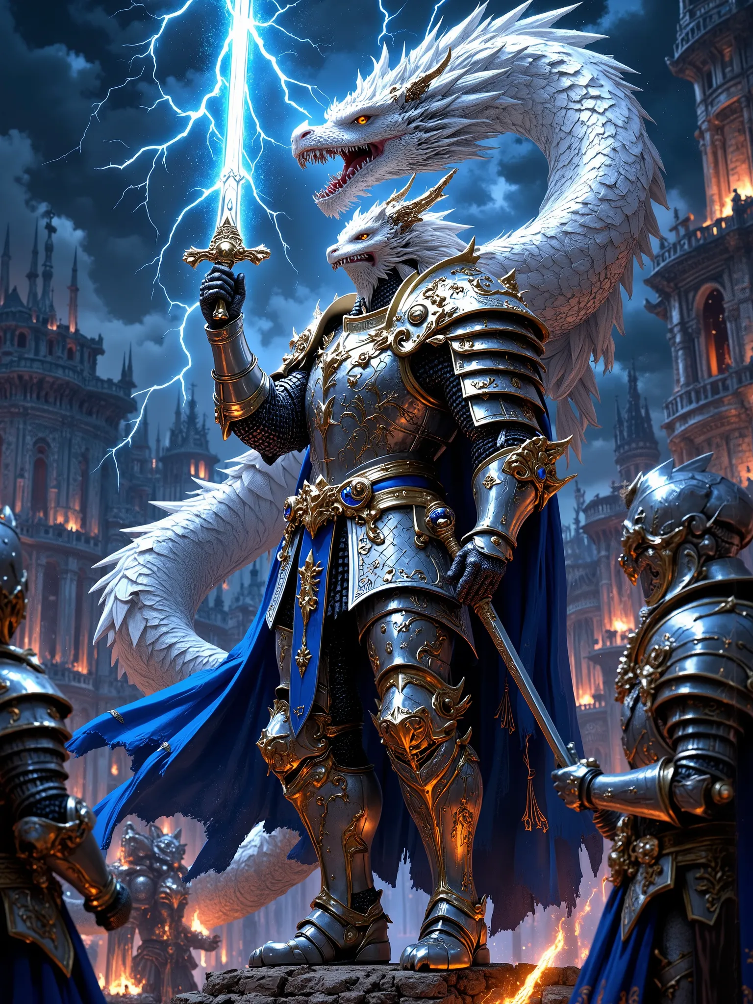 A super dimensional fantasy world where black clouds swirl over the sky, (White Dragon knight with bright white body and shining scales:1.9,), (Beautiful blue armor, Armor with a golden amulet engraved on the edge of the blue armor), (White Dragon knight h...